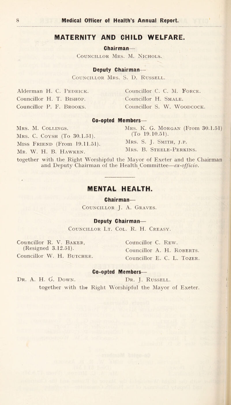 MATERNITY AND CHILD WELFARE. Chairman— Councillor Mrs. M. Nichols. Deputy Chairman— Councillor Mrs. S. D. Russell. Alderman H. C. Fedrick. Councillor C. C. M. Force. Councillor FI. T. Bishop. Councillor H. Smale. Councillor P. F. Brooks. Councillor S. W. Woodcock. Co-opted Members— Mrs. Iv. G. Morgan (From 30.1.51) (To 19.10.51). Mrs. S. J. Smith, j.p. Mrs. B. Steele-Perkins. together with the Right Worshipful the Mayor of Exeter and the Chairman and Deputy Chairman of the Health Committee—ex-officio. Mrs. M. Collings. Mrs. C. Coysh (To 30.1.51). Miss Friend (From 19.11.51). Mr. W. H. B. Hawken. MENTAL HEALTH. Chairman— Councillor J. A. Graves. Deputy Chairman— Councillor Lt. Col. R. H. Creasy. Councillor R. V. Baker, (Resigned 3.12.51). Councillor W. H. Butcher. Councillor C. Rew. Councillor A. H. Roberts. Councillor E. C. L. Tozer. Dr. A. H. G. Down. Co-opted Members— Dr. J. Russell. together with the Right Worshipful the Mayor of Exeter.