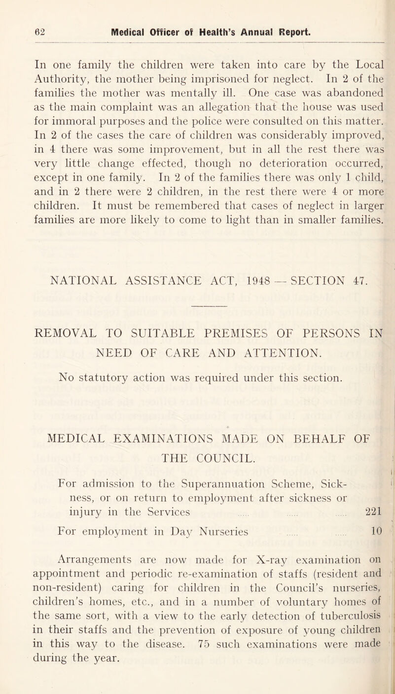 In one family the children were taken into care by the Local Authority, the mother being imprisoned for neglect. In 2 of the families the mother was mentally ill. One case was abandoned as the main complaint was an allegation that the house was used for immoral purposes and the police were consulted on this matter. In 2 of the cases the care of children was considerably improved, in 4 there was some improvement, but in all the rest there was very little change effected, though no deterioration occurred, except in one family. In 2 of the families there was only 1 child, and in 2 there were 2 children, in the rest there were 4 or more children. It must be remembered that cases of neglect in larger families are more likely to come to light than in smaller families. NATIONAL ASSISTANCE ACT, 1948 — SECTION 47. REMOVAL TO SUITABLE PREMISES OF PERSONS IN NEED OF CARE AND ATTENTION. No statutory action was required under this section. MEDICAL EXAMINATIONS MADE ON BEHALF OF THE COUNCIL. For admission to the Superannuation Scheme, Sick- ness, or on return to employment after sickness or injury in the Services 221 For employment in Da} Nurseries 10 Arrangements are now made for X-ray examination on appointment and periodic re-examination of staffs (resident and non-resident) caring for children in the Council’s nurseries, children’s homes, etc., and in a number of voluntary homes of the same sort, with a view to the early detection of tuberculosis in their staffs and the prevention of exposure of young children in this way to the disease. 75 such examinations were made during the year.