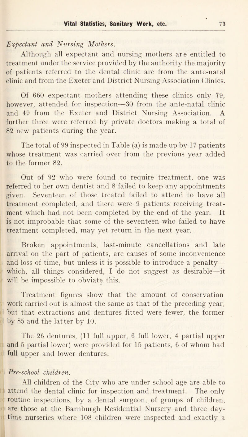 Expectant and Nursing Mothers. Although all expectant and nursing mothers are entitled to treatment under the service provided by the authority the majority of patients referred to the dental clinic are from the ante-natal clinic and from the Exeter and District Nursing Association Clinics. Of 660 expectant mothers attending these clinics only 79, however, attended for inspection—30 from the ante-natal clinic and 49 from the Exeter and District Nursing Association. A further three were referred by private doctors making a total of 82 new patients during the year. The total of 99 inspected in Table (a) is made up by 17 patients whose treatment was carried over from the previous year added to the former 82. Out of 92 who were found to require treatment, one was referred to her own dentist and 8 failed to keep an}^ appointments given. Seventeen of those treated failed to attend to have all treatment completed, and there were 9 patients receiving treat- ment which had not been completed by the end of the year. It is not improbable that some of the seventeen who failed to have treatment completed, may yet return in the next year. Broken appointments, last-minute cancellations and late arrival on the part of patients, are causes of some inconvenience and loss of time, but unless it is possible to introduce a penalty— which, all things considered, I do not suggest as desirable—it will be impossible to obviate this. Treatment figures show that the amount of conservation work carried out is almost the same as that of the preceding year, but that extractions and dentures fitted were fewer, the former by 85 and the latter by 10. The 26 dentures, (11 full upper, 6 full lower, 4 partial upper and 5 partial lower) were provided for 15 patients, 6 of whom had full upper and lower dentures. Pre-school children. All children of the City who are under school age are able to attend the dental clinic for inspection and treatment. The only routine inspections, by a dental surgeon, of groups of children, are those at the Barnburgh Residential Nursery and three day- time nurseries where 108 children were inspected and exactly a