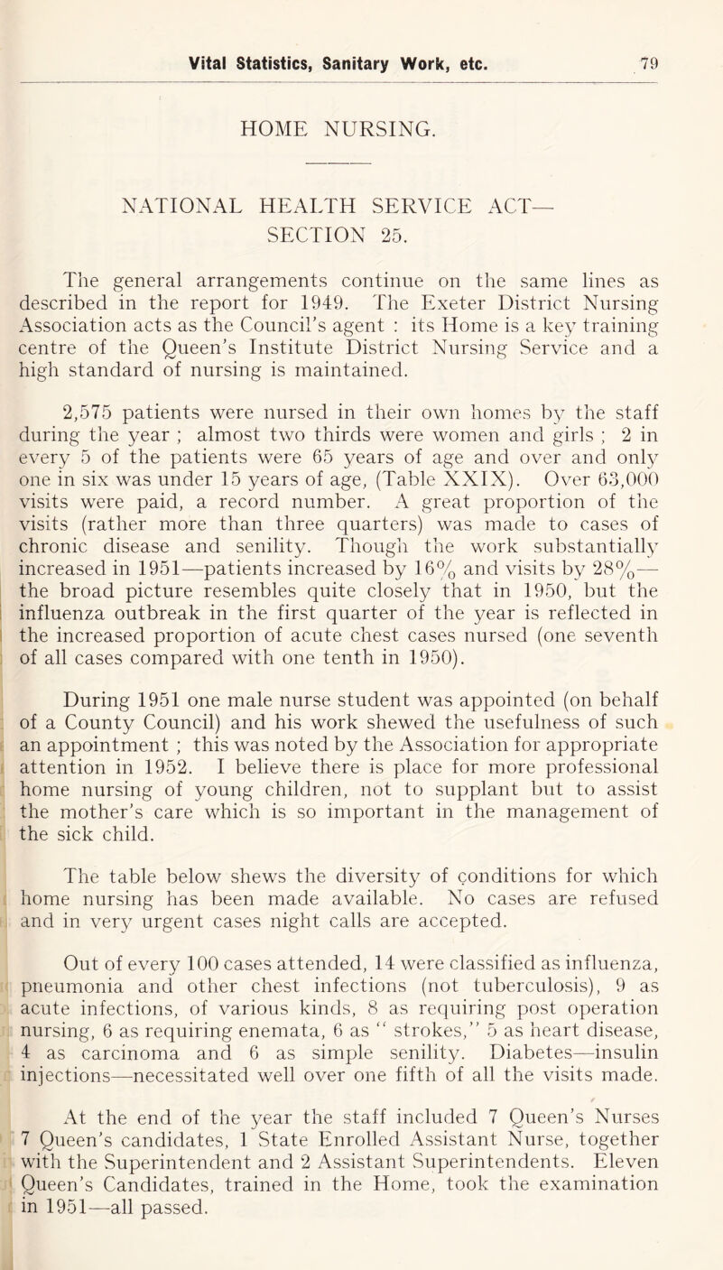 HOME NURSING. NATIONAL HEALTH SERVICE ACT- SECTION 25. The general arrangements continue on the same lines as described in the report for 1949. The Exeter District Nursing Association acts as the Council's agent : its Home is a key training centre of the Queen’s Institute District Nursing Service and a high standard of nursing is maintained. 2,575 patients were nursed in their own homes by the staff during the year ; almost two thirds were women and girls ; 2 in every 5 of the patients were 65 years of age and over and only one in six was under 15 years of age, (Table XXIX). Over 63,000 visits were paid, a record number. A great proportion of the visits (rather more than three quarters) was made to cases of chronic disease and senility. Though the work substantially increased in 1951—patients increased by 16% and visits by 28%— the broad picture resembles quite closely that in 1950, but the influenza outbreak in the first quarter of the year is reflected in the increased proportion of acute chest cases nursed (one seventh of all cases compared with one tenth in 1950). During 1951 one male nurse student was appointed (on behalf of a County Council) and his work shewed the usefulness of such an appointment ; this was noted by the Association for appropriate attention in 1952. I believe there is place for more professional home nursing of young children, not to supplant but to assist the mother’s care which is so important in the management of the sick child. The table below shews the diversity of conditions for which home nursing has been made available. No cases are refused and in very urgent cases night calls are accepted. Out of every 100 cases attended, 14 were classified as influenza, pneumonia and other chest infections (not tuberculosis), 9 as acute infections, of various kinds, 8 as requiring post operation nursing, 6 as requiring enemata, 6 as “ strokes,” 5 as heart disease, 4 as carcinoma and 6 as simple senility. Diabetes—insulin injections—necessitated well over one fifth of all the visits made. At the end of the year the staff included 7 Queen’s Nurses 7 Queen’s candidates, 1 State Enrolled Assistant Nurse, together with the Superintendent and 2 Assistant Superintendents. Eleven Queen’s Candidates, trained in the Home, took the examination in 1951—all passed.