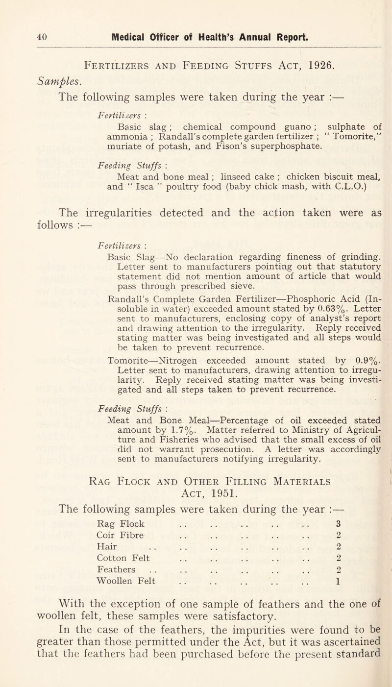 Fertilizers and Feeding Stuffs Act, 1926. Samples. The following samples were taken during the year :— Fertilizers : Basic slag ; chemical compound guano ; sulphate of ammonia ; Randall’s complete garden fertilizer ; “ Tomorite,” muriate of potash, and Fison’s superphosphate. Feeding Stuffs : Meat and bone meal ; linseed cake ; chicken biscuit meal, and “ Isca ” poultry food (baby chick mash, with C.L.O.) The irregularities detected and the action taken were as follows Fertilizers : Basic Slag—No declaration regarding fineness of grinding. Letter sent to manufacturers pointing out that statutory statement did not mention amount of article that would pass through prescribed sieve. Randall’s Complete Garden Fertilizer—Phosphoric Acid (In- soluble in water) exceeded amount stated by 0.63%. Letter sent to manufacturers, enclosing copy of analyst’s report and drawing attention to the irregularity. Reply received stating matter was being investigated and all steps would be taken to prevent recurrence. Tomorite—Nitrogen exceeded amount stated by 0.9%. Letter sent to manufacturers, drawing attention to irregu- larity. Reply received stating matter was being investi- gated and all steps taken to prevent recurrence. Feeding Stuffs : Meat and Bone Meal—Percentage of oil exceeded stated amount by 1.7%. Matter referred to Ministry of Agricul- ture and Fisheries who advised that the small excess of oil did not warrant prosecution. A letter was accordingly sent to manufacturers notifying irregularity. Rag Flock and Other Filling Materials Act, 1951. The following samples were taken during the year :— Rag Flock . . . . . . . . . . 3 Coir Fibre . . . . . . . . . . 2 Hair . . . . . . . . . . . . 2 Cotton Felt . . . . . . . . . . 2 Feathers . . . . . . . . . . . . 2 Woollen Felt . . . . . . . . . . 1 With the exception of one sample of feathers and the one of woollen felt, these samples were satisfactory. In the case of the feathers, the impurities were found to be greater than those permitted under the Act, but it was ascertained that the feathers had been purchased before the present standard