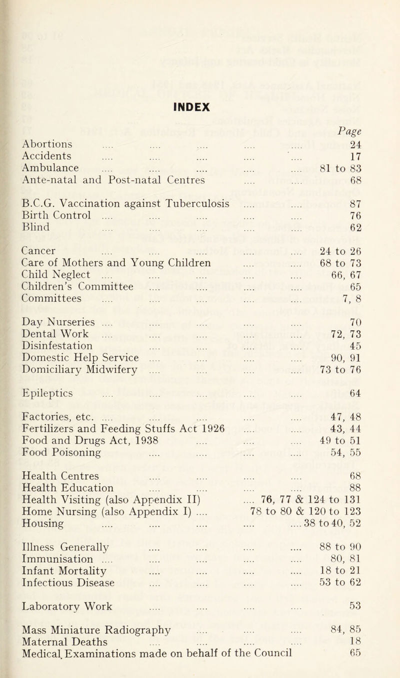 INDEX Abortions Page 24 Accidents 17 Ambulance 81 to 83 Ante-natal and Post-natal Centres 68 B.C.G. Vaccination against Tuberculosis 87 Birth Control .... 76 Blind 62 Cancer 24 to 26 Care of Mothers and Young Children 68 to 73 Child Neglect .... Children’s Committee 66, 67 65 Committees 7, 8 Day Nurseries .... 70 Dental Work 72, 73 Disinfestation 45 Domestic Help Service .... 90, 91 Domiciliary Midwifery .... 73 to 76 Epileptics 64 Factories, etc 47, 48 Fertilizers and Feeding Stuffs Act 1926 43, 44 Food and Drugs Act, 1938 49 to 51 Food Poisoning 54, 55 Health Centres 68 Health Education 88 Health Visiting (also Appendix II) .... 76, 77 & 124 to 131 Home Nursing (also Appendix I) .... 78 to 80 & 120 to 123 Housing ....38 to 40, 52 Illness Generally 88 to 90 Immunisation .... 80, 81 Infant Mortality 18 to 21 Infectious Disease 53 to 62 Laboratory Work 53 Mass Miniature Radiography 84, 85 Maternal Deaths 18 Medical, Examinations made on behalf of the Council 65