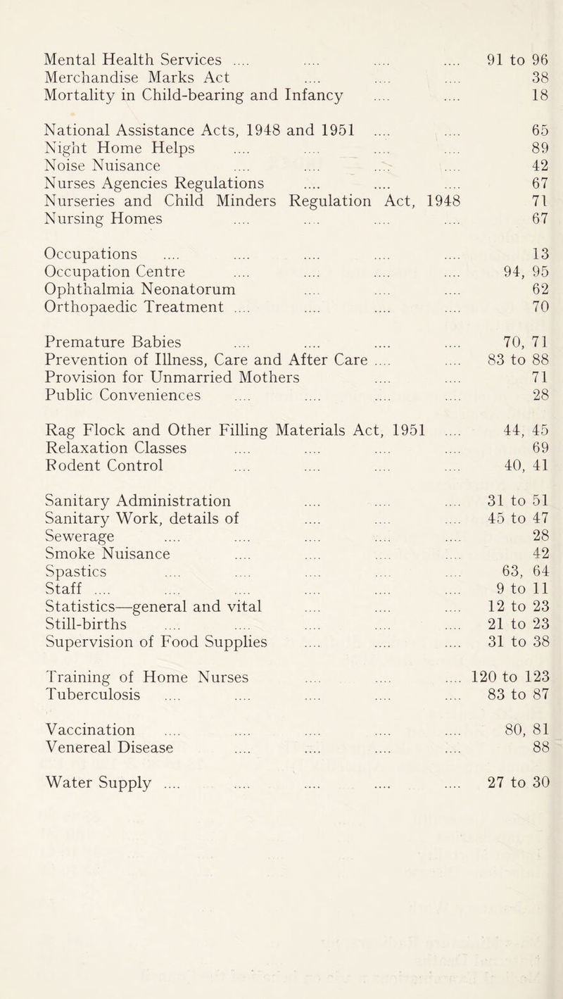 Mental Health Services .... 91 to 96 Merchandise Marks Act 38 Mortality in Child-bearing and Infancy 18 National Assistance Acts, 1948 and 1951 65 Night Home Helps 89 Noise Nuisance 42 Nurses Agencies Regulations 67 Nurseries and Child Minders Regulation Act, 1948 71 Nursing Homes 67 Occupations 13 Occupation Centre 94, 95 Ophthalmia Neonatorum 62 Orthopaedic Treatment .... 70 Premature Babies 70, 71 Prevention of Illness, Care and After Care .... 83 to 88 Provision for Unmarried Mothers 71 Public Conveniences 28 Rag Flock and Other Filling Materials Act, 1951 44, 45 Relaxation Classes 69 Rodent Control 40, 41 Sanitary Administration 31 to 51 Sanitary Work, details of 45 to 47 Sewerage 28 Smoke Nuisance 42 Spastics 63, 64 Staff .... 9 to 11 Statistics—general and vital 12 to 23 Still-births 21 to 23 Supervision of Food Supplies 31 to 38 Training of Home Nurses 120 to 123 Tuberculosis 83 to 87 Vaccination 80, 81 Venereal Disease 88 Water Supply .... 27 to 30