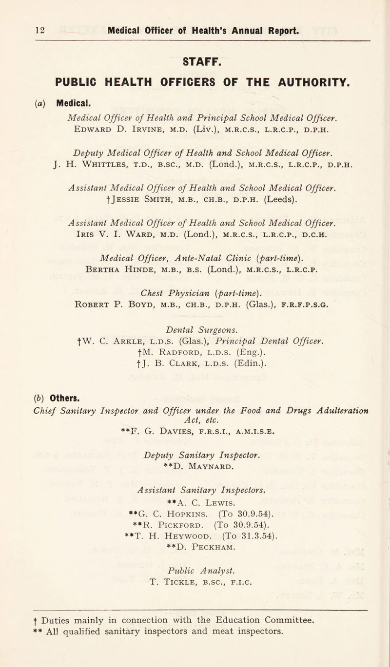 STAFF. PUBLIC HEALTH OFFICERS OF THE AUTHORITY. (a) Medical. Medical Officer of Health and Principal School Medical Officer. Edward D. Irvine, m.d. (Liv.), m.r.c.s., l.r.c.p., d.p.h. Deputy Medical Officer of Health and School Medical Officer. J. H. Whittles, t.d., b.sc., m.d. (Lond.), m.r.c.s., l.r.c.p., d.p.h. Assistant Medical Officer of Health and School Medical Officer. ■j-Jessie Smith, m.b., ch.b., d.p.h. (Leeds). Assistant Medical Officer of Health and School Medical Officer. Iris V. I. Ward, m.d. (Lond.), m.r.c.s., l.r.c.p., d.c.h. Medical Officer, Ante-Natal Clinic (part-time). Bertha Hinde, m.b., b.s. (Lond.), m.r.c.s., l.r.c.p. Chest Physician (part-time). Robert P. Boyd, m.b., ch.b., d.p.h. (Glas.), f.r.f.p.s.g. Dental Surgeons. fW. C. Arkle, l.d.s. (Glas.), Principal Dental Officer. |M. Radford, l.d.s. (Eng.). IJ. B. Clark, l.d.s. (Edin.). {b) Others. Chief Sanitary Inspector and Officer under the Food and Drugs Adulteration Act, etc. **F. G. Davies, f.r.s.i., a.m.i.s.e. Deputy Sanitary Inspector. **D. Maynard. Assistant Sanitary Inspectors. **A. C. Lewis. **G. C. Hopkins. (To 30.9.54). **R. Pickford. (To 30.9.54). **T. H. Heywood. (To 31.3.54). **D. Peckham. Public Analyst. T. Tickle, b.sc., f.i.c. f Duties mainly in connection with the Education Committee. ** All qualified sanitary inspectors and meat inspectors.