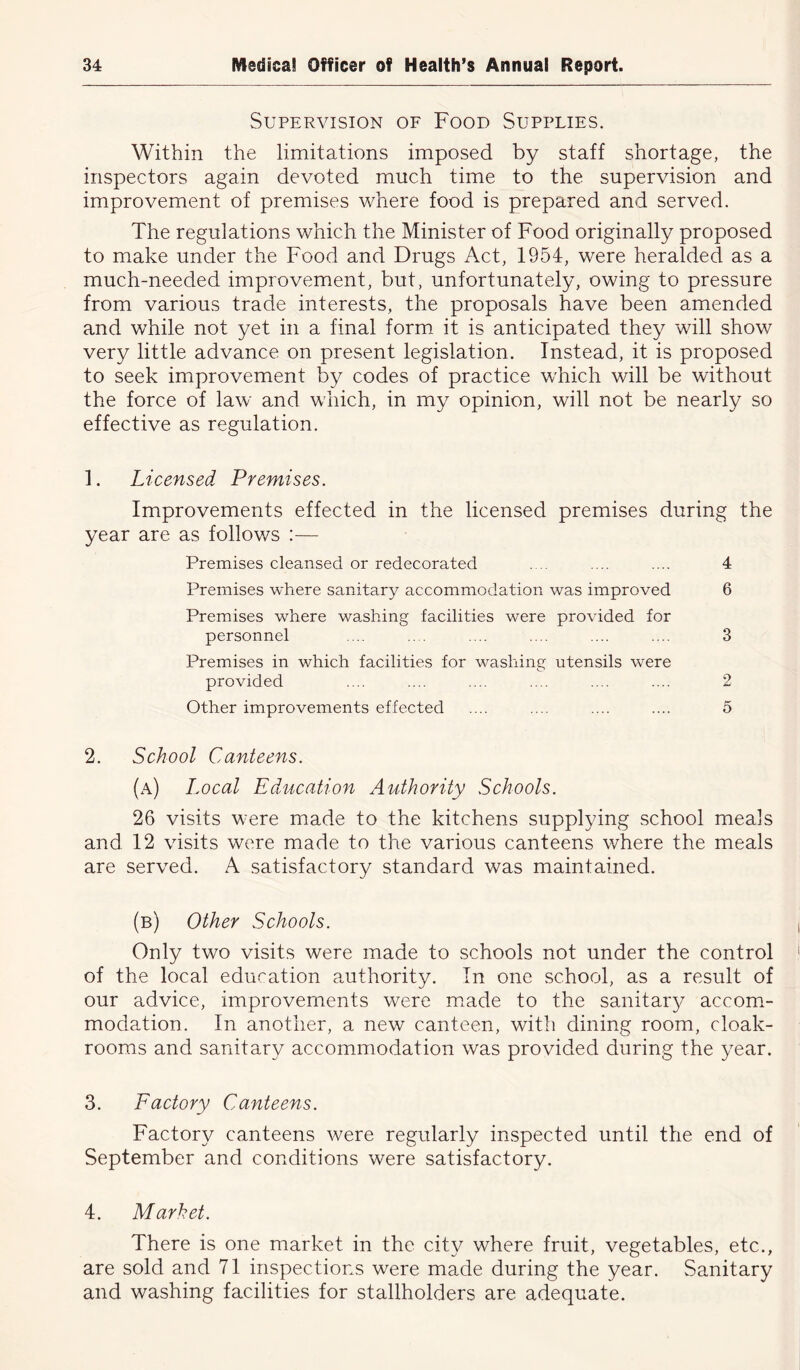 Supervision of Food Supplies. Within the limitations imposed by staff shortage, the inspectors again devoted much time to the supervision and improvement of premises where food is prepared and served. The regulations which the Minister of Food originally proposed to make under the Food and Drugs Act, 1954, were heralded as a much-needed improvement, but, unfortunately, owing to pressure from various trade interests, the proposals have been amended and while not yet in a final form it is anticipated they will show very little advance on present legislation. Instead, it is proposed to seek improvement by codes of practice which will be without the force of law and which, in my opinion, will not be nearly so effective as regulation. 1. Licensed Premises. Improvements effected in the licensed premises during the year are as follows :— Premises cleansed or redecorated .... .... .... 4 Premises where sanitary accommodation was improved 6 Premises where washing facilities were provided for personnel .... .... .... .... .... .... 3 Premises in which facilities for washing utensils were provided .... .... .... .... .... .... 2 Other improvements effected .... .... .... .... 5 2. School Canteens. (a) Local Education Authority Schools. 26 visits were made to the kitchens supplying school meals and 12 visits were made to the various canteens where the meals are served. A satisfactory standard was maintained. (b) Other Schools. Only two visits were made to schools not under the control of the local education authority. In one school, as a result of our advice, improvements were made to the sanitary accom- modation. In another, a new canteen, with dining room, cloak- rooms and sanitary accommodation was provided during the year. 3. Factory Canteens. Factory canteens were regularly inspected until the end of September and conditions were satisfactory. 4. Market. There is one market in the city where fruit, vegetables, etc., are sold and 71 inspections were made during the year. Sanitary and washing facilities for stallholders are adequate.