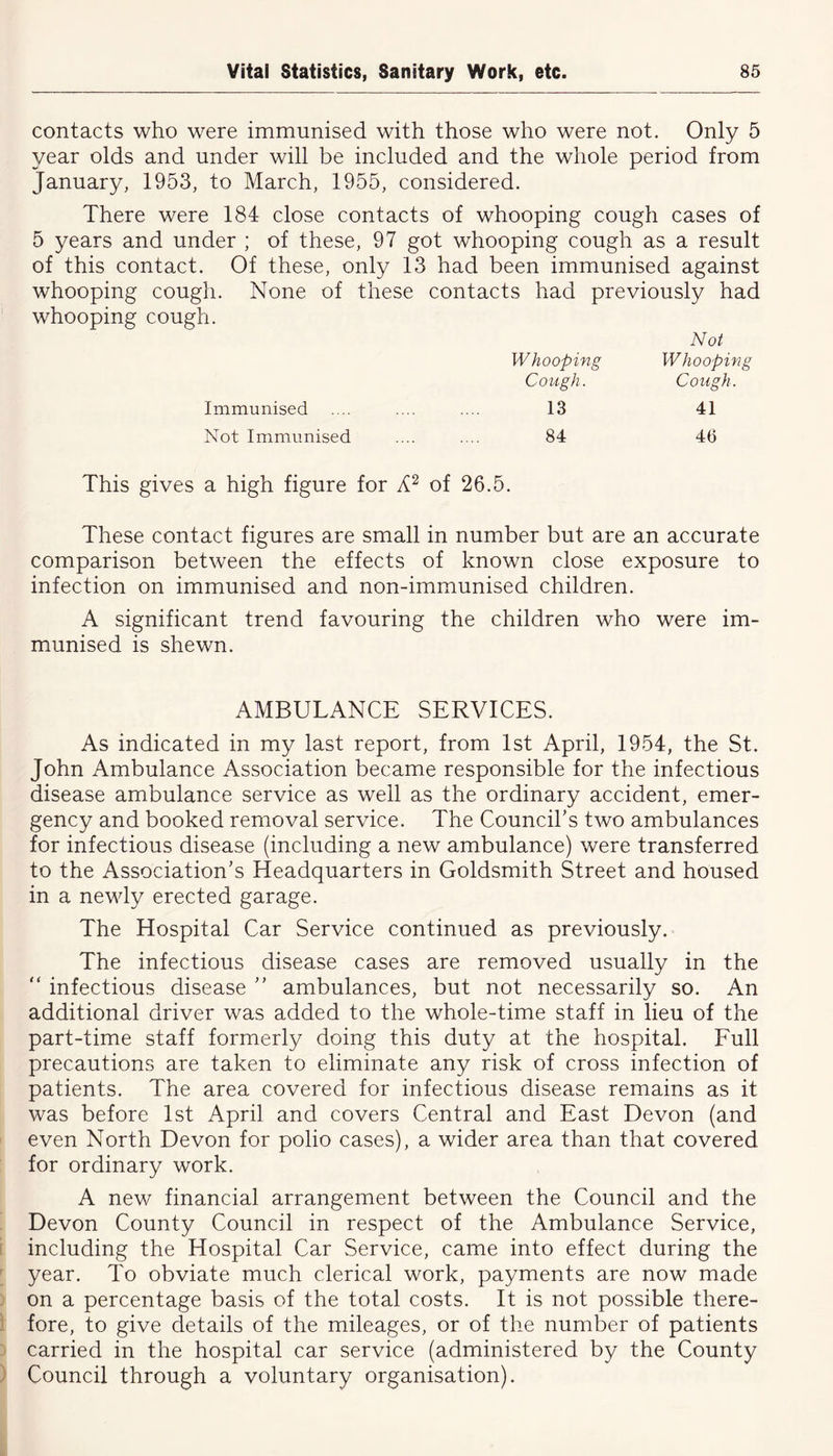 contacts who were immunised with those who were not. Only 5 year olds and under will be included and the whole period from January, 1953, to March, 1955, considered. There were 184 close contacts of whooping cough cases of 5 years and under ; of these, 97 got whooping cough as a result of this contact. Of these, only 13 had been immunised against whooping cough. None of these contacts had previously had whooping cough. Not Whooping Whooping Cough. Cough. Immunised .... .... .... 13 41 Not Immunised .... .... 84 46 This gives a high figure for A2 of 26.5. These contact figures are small in number but are an accurate comparison between the effects of known close exposure to infection on immunised and non-immunised children. A significant trend favouring the children who were im- munised is shewn. AMBULANCE SERVICES. As indicated in my last report, from 1st April, 1954, the St. John Ambulance Association became responsible for the infectious disease ambulance service as well as the ordinary accident, emer- gency and booked removal service. The Council’s two ambulances for infectious disease (including a new ambulance) were transferred to the Association’s Headquarters in Goldsmith Street and housed in a newly erected garage. The Hospital Car Service continued as previously. The infectious disease cases are removed usually in the “ infectious disease ” ambulances, but not necessarily so. An additional driver was added to the whole-time staff in lieu of the part-time staff formerly doing this duty at the hospital. Full precautions are taken to eliminate any risk of cross infection of patients. The area covered for infectious disease remains as it was before 1st April and covers Central and East Devon (and even North Devon for polio cases), a wider area than that covered for ordinary work. A new financial arrangement between the Council and the Devon County Council in respect of the Ambulance Service, including the Hospital Car Service, came into effect during the year. To obviate much clerical work, payments are now made on a percentage basis of the total costs. It is not possible there- fore, to give details of the mileages, or of the number of patients carried in the hospital car service (administered by the County Council through a voluntary organisation).