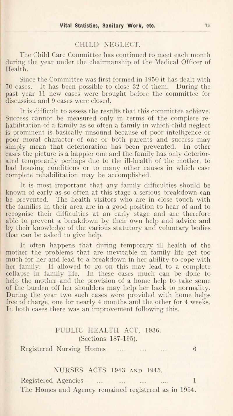 CHILD NEGLECT. The Child Care Committee has continued to meet each month during the year under the chairmanship of the Medical Officer of Health. Since the Committee was first formed in 1950 it has dealt with 70 cases. It has been possible to close 32 of them. During the past year 11 new cases were brought before the committee for discussion and 9 cases were closed. It is difficult to assess the results that this committee achieve. Success cannot be measured only in terms of the complete re- habilitation of a family as so often a family in which child neglect is prominent is basically unsound because of poor intelligence or poor moral character of one or both parents and success may simply mean that deterioration has been prevented. In other cases the picture is a happier one and the family has only deterior- ated temporarily perhaps due to the ill-health of the mother, to bad housing conditions or to man}^ other causes in which case complete rehabilitation may be accomplished. It is most important that any family difficulties should be known of early as so often at this stage a serious breakdown can be prevented. The health visitors who are in close touch with the families in their area are in a good position to hear of and to recognise their difficulties at an early stage and are therefore able to prevent a breakdown by their own help and advice and by their knowledge of the various statutory and voluntary bodies that can be asked to give help. It often happens that during temporary ill health of the i mother the problems that are inevitable in family life get too much for her and lead to a breakdown in her ability to cope with her family. If allowed to go on this may lead to a complete collapse in family life. In these cases much can be done to help the mother and the provision of a home help to take some of the burden off her shoulders may help her back to normality. During the year two such cases were provided with home helps free of charge, one for nearly 4 months and the other for 4 weeks. In both cases there was an improvement following this. PUBLIC HEALTH ACT, 1936. (Sections 187-195). Registered Nursing Homes .... .... .... 6 NURSES ACTS 1943 and 1945. Registered Agencies .... .... .... .... 1 The Homes and Agency remained registered as in 1954.