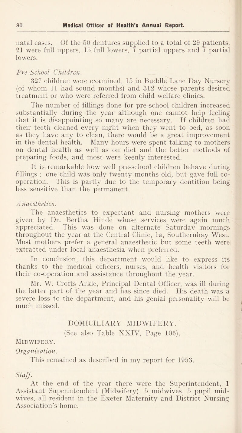 natal cases. Of the 50 dentures supplied to a total of 29 patients, 21 were full uppers, 15 full lowers, 7 partial uppers and 7 partial lowers. Pre-School Children. 327 children were examined, 15 in Buddie Lane Day Nursery (of whom 11 had sound mouths) and 312 whose parents desired treatment or who were referred from child welfare clinics. The number of fillings done for pre-school children increased substantially during the year although one cannot help feeling that it is disappointing so many are necessary. If children had their teeth cleaned every night when they went to bed, as soon as they have any to clean, there would be a great improvement in the dental health. Many hours were spent talking to mothers on dental health as well as on diet and the better methods of preparing foods, and most were keenly interested. It is remarkable how well pre-school children behave during fillings ; one child was only twenty months old, but gave full co- operation. This is partly due to the temporary dentition being less sensitive than the permanent. Anaesthetics. The anaesthetics to expectant and nursing mothers were given by Dr. Bertha Hinde whose services were again much appreciated. This was done on alternate Saturday mornings throughout the year at the Central Clinic, la, Southernhay West. Most mothers prefer a general anaesthetic but some teeth were extracted under local anaesthesia when preferred. In conclusion, this department would like to express its thanks to the medical officers, nurses, and health visitors for their co-operation and assistance throughout the year. Mr. W. Crofts Arkle, Principal Dental Officer, was ill during the latter part of the year and has since died. His death was a severe loss to the department, and his genial personality will be much missed. DOMICILIARY MIDWIFERY. (See also Table XXIV, Page 106). Midwifery. Organisation. This remained as described in my report for 1953. Staff. At the end of the year there were the Superintendent, 1 Assistant Superintendent (Midwifery), 5 midwives, 5 pupil mid- wives, all resident in the Exeter Maternity and District Nursing Association’s home.