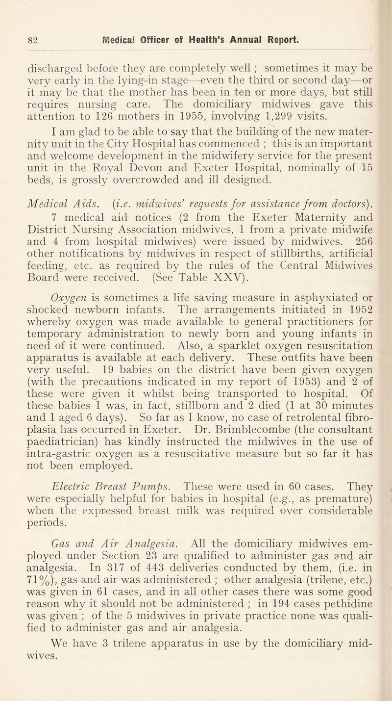discharged before they are completely well ; sometimes it may be very early in the lying-in stage—even the third or second day—or it may be that the mother has been in ten or more days, but still requires nursing care. The domiciliary midwives gave this attention to 126 mothers in 1955, involving 1,299 visits. I am glad to be able to say that the building of the new mater- nity unit in the City Hospital has commenced ; this is an important and welcome development in the midwifery service for the present unit in the Royal Devon and Exeter Hospital, nominally of 15 beds, is grossly overcrowded and ill designed. Medical Aids. (i.e. midwives requests jor assistance from doctors). 7 medical aid notices (2 from the Exeter Maternity and District Nursing Association midwives, 1 from a private midwife and 4 from hospital midwives) were issued by rnidwives. 256 other notifications by midwives in respect of stillbirths, artificial feeding, etc. as required by the rules of the Central Midwives Board were received. (See Table XXV). Oxygen is sometimes a life saving measure in asphyxiated or shocked newborn infants. The arrangements initiated in 1952 whereby oxygen was made available to general practitioners for temporary administration to newly born and young infants in need of it were continued. Also, a sparklet oxygen resuscitation apparatus is available at each delivery. These outfits have been very useful. 19 babies on the district have been given oxygen (with the precautions indicated in my report of 1953) and 2 of these were given it whilst being transported to hospital. Of these babies 1 was, in fact, stillborn and 2 died (1 at 30 minutes and 1 aged 6 days). So far as I know, no case of retrolental fibro- plasia has occurred in Exeter. Dr. Brimblecombe (the consultant paediatrician) has kindly instructed the midwives in the use of intra-gastric oxygen as a resuscitative measure but so far it has not been employed. Electric Breast Pumps. These were used in 60 cases. They were especially helpful for babies in hospital (e.g., as premature) when the expressed breast milk was required over considerable periods. Gas and Air Analgesia. All the domiciliary midwives em- ployed under Section 23 are qualified to administer gas and air analgesia. In 317 of 443 deliveries conducted by them, (i.e. in 71%), gas and air was administered ; other analgesia (trilene, etc.) was given in 61 cases, and in all other cases there was some good reason why it should not be administered ; in 194 cases pethidine was given ; of the 5 midwives in private practice none was quali- fied to administer gas and air analgesia. We have 3 trilene apparatus in use by the domiciliary mid- wives.