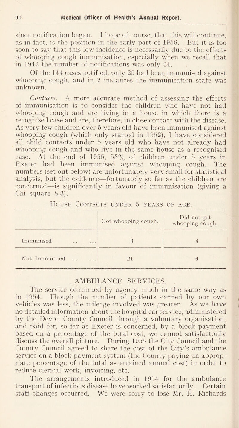 since notification began. I hope of course, that this will continue, as in fact, is the position in the early part of 1956. But it is too soon to say that this low incidence is necessarily due to the effects of whooping cough immunisation, especially when we recall that in 1942 the number of notifications was only 34. Of the 144 cases notified, only 25 had been immunised against whooping cough, and in 2 instances the immunisation state was unknown. Contacts. A more accurate method of assessing the efforts of immunisation is to consider the children who have not had whooping cough and are living in a house in which there is a recognised case and are, therefore, in close contact with the disease. As very few children over 5 years old have been immunised against whooping cough (which only started in 1952), I have considered all child contacts under 5 years old who have not already had whooping cough and who live in the same house as a recognised case. At the end of 1955, 53% of children under 5 years in Exeter had been immunised against whooping cough. The numbers (set out below) are unfortunately very small for statistical analysis, but the evidence—fortunately so far as the children are concerned—is significantly in favour of immunisation (giving a Chi square 8.3). House Contacts under 5 years of age. Got whooping cough. Did not get whooping cough. Immunised 3 8 Not Immunised 21 6 AMBULANCE SERVICES. The service continued by agency much in the same way as in 1954. Though the number of patients carried by our own vehicles was less, the mileage involved was greater. As we have no detailed information about the hospital car service, administered by the Devon County Council through a voluntary organisation, and paid for, so far as Exeter is concerned, by a block payment based on a percentage of the total cost, we cannot satisfactorily discuss the overall picture. During 1955 the City Council and the County Council agreed to share the cost of the City's ambulance service on a block payment system (the County paying an approp- riate percentage of the total ascertained annual cost) in order to reduce clerical work, invoicing, etc. The arrangements introduced in 1954 for the ambulance transport of infectious disease have worked satisfactorily. Certain staff changes occurred. We were sorry to lose Mr. H. Richards