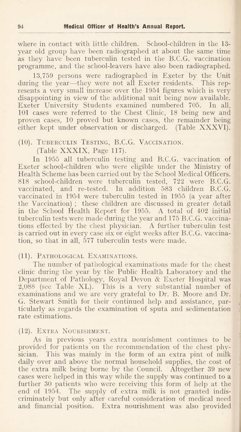 where in contact with little children. School-children in the 13- year old group have been radiographed at about the same time as they have been tuberculin tested in the B.C.G. vaccination programme, and the school-leavers have also been radiographed. 13,759 persons were radiographed in Exeter by the Unit during the year—they were not all Exeter residents. This rep- resents a very small increase over the 1954 figures which is very disappointing in view of the additional unit being now available. Exeter University Students examined numbered 705. In all, 101 cases were referred to the Chest Clinic, 18 being new and proven cases, 10 proved but known cases, the remainder being either kept under observation or discharged. (Table XXXVI). (10). Tuberculin Testing, B.C.G. Vaccination. (Table XXXIX, Page 117). In 1955 all tuberculin testing and B.C.G. vaccination of Exeter school-children who were eligible under the Ministry of Health Scheme has been carried out by the School Medical Officers. 818 school-children were tuberculin tested, 722 were B.C.G. vaccinated, and re-tested. In addition 583 children B.C.G. vaccinated in 1954 were tuberculin tested in 1955 (a year after the Vaccination) ; these children are discussed in greater detail in the School Health Report for 1955. A total of 402 initial tuberculin tests were made during the year and 175 B.C.G. vaccina- tions effected by the chest physician. A further tuberculin test is carried out in every case six or eight weeks after B.C.G. vaccina- tion, so that in all, 577 tuberculin tests were made. (11). Pathological Examinations. The number of pathological examinations made for the chest clinic during the year by the Public Health Laboratory and the Department of Pathology, Royal Devon & Exeter Hospital was 2,088 (see Table XL). This is a very substantial number of examinations and we are very grateful to Dr. B. Moore and Dr. G. Stewart Smith for their continued help and assistance, par- ticularly as regards the examination of sputa and sedimentation rate estimations. (12). Extra Nourishment. As in previous years extra nourishment continues to be provided for patients on the recommendation of the chest phy- sician. This was mainly in the form of an extra pint of milk daily over and above the normal household supplies, the cost of the extra milk being borne by the Council. Altogether 39 new cases were helped in this way while the supply was continued to a further 30 patients who were receiving this form of help at the end of 1954. The supply of extra milk is not granted indis- criminately but only after careful consideration of medical need and financial position. Extra nourishment was also provided ■1