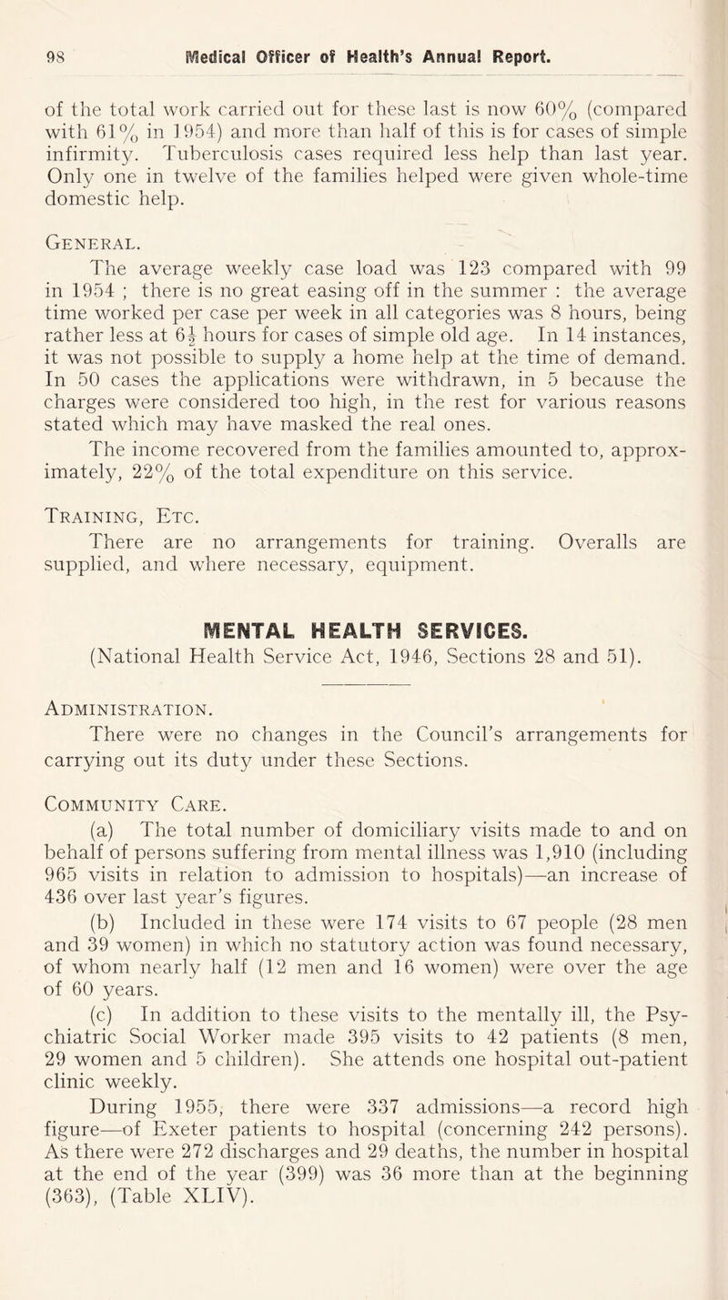 of the total work carried out for these last is now 60% (compared with 61% in 1 954) and more than half of this is for cases of simple infirmity. Tuberculosis cases required less help than last year. Only one in twelve of the families helped were given whole-time domestic help. General. The average weekly case load was 123 compared with 99 in 1954 ; there is no great easing off in the summer : the average time worked per case per week in all categories was 8 hours, being rather less at 64 hours for cases of simple old age. In 14 instances, it was not possible to supply a home help at the time of demand. In 50 cases the applications were withdrawn, in 5 because the charges were considered too high, in the rest for various reasons stated which may have masked the real ones. The income recovered from the families amounted to, approx- imately, 22% of the total expenditure on this service. Training, Etc. There are no arrangements for training. Overalls are supplied, and where necessary, equipment. DENIAL HEALTH SERVICES. (National Health Service Act, 1946, Sections 28 and 51). Administration. There were no changes in the Council’s arrangements for carrying out its duty under these Sections. Community Care. (a) The total number of domiciliary visits made to and on behalf of persons suffering from mental illness was 1,910 (including 965 visits in relation to admission to hospitals)—an increase of 436 over last year’s figures. (b) Included in these were 174 visits to 67 people (28 men and 39 women) in which no statutory action was found necessary, of whom nearly half (12 men and 16 women) were over the age of 60 years. (c.) In addition to these visits to the mentally ill, the Psy- chiatric Social Worker made 395 visits to 42 patients (8 men, 29 women and 5 children). She attends one hospital out-patient clinic weekly. During 1955, there were 337 admissions—a record high figure—of Exeter patients to hospital (concerning 242 persons). As there were 272 discharges and 29 deaths, the number in hospital at the end of the year (399) was 36 more than at the beginning (363), (Table XLIV).