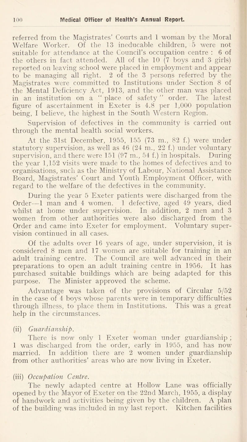 referred from the Magistrates’ Courts and 1 woman by the Moral Welfare Worker. Of the 13 ineducable children, 5 were not suitable for attendance at the Council’s occupation centre : 6 of the others in fact attended. All of the 10 (7 boys and 3 girls) reported on leaving school were placed in employment and appear to be managing all right. 2 of the 3 persons referred by the Magistrates were committed to Institutions under Section 8 of the Mental Deficiency Act, 1913, and the other man was placed in an institution on a “ place of safety ” order. The latest figure of ascertainment in Exeter is 4.8 per 1,000 population being, I believe, the highest in the South Western Region. Supervision of defectives in the community is carried out through the mental health social workers. At the 31st December, 1955, 155 (73 m., 82 f.) were under statutory supervision, as well as 46 (24 m., 22 f.) under voluntary supervision, and there were 151 (97 m., 54 f.) in hospitals. During the year 1,152 visits were made to the homes of defectives and to organisations, such as the Ministry of Labour, National Assistance Board, Magistrates’ Court and Youth Employment Officer, with regard to the welfare of the defectives in the community. During the year 5 Exeter patients were discharged from the Order—1 man and 4 women. 1 defective, aged 49 years, died whilst at home under supervision. In addition, 2 men and 3 women from other authorities were also discharged from the Order and came into Exeter for employment. Voluntary super- vision continued in all cases. Of the adults over 16 years of age, under supervision, it is considered 8 men and 17 women are suitable for training in an adult training centre. The Council are well advanced in their preparations to open an adult training centre in 1956. It has purchased suitable buildings which are being adapted for this purpose. The Minister approved the scheme. Advantage was taken of the provisions of Circular 5/52 in the case of 4 boys whose parents were in temporary difficulties through illness, to place them in Institutions. This was a great help in the circumstances. (ii) Guardianship. There is now only 1 Exeter woman under guardianship ; 1 was discharged from the order, early in 1955, and has now married. In addition there are 2 women under guardianship from other authorities’ areas who are now living in Exeter. (iii) Occupation Centre. The newly adapted centre at Hollow Lane was officially opened by the Mayor of Exeter on the 22nd March, 1955, a display of handwork and activities being given by the children. A plan of the building was included in my last report. Kitchen facilities