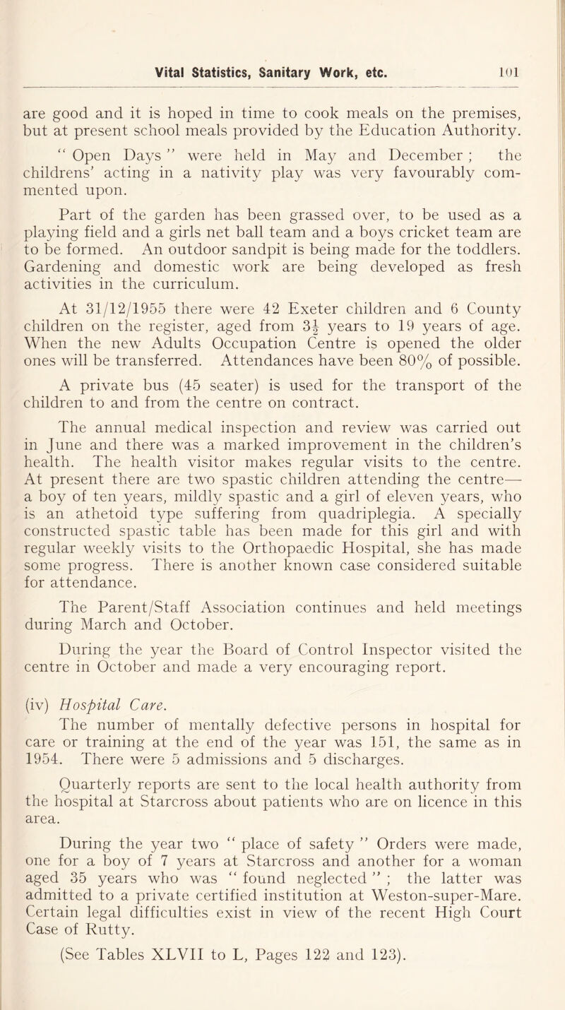 are good and it is hoped in time to cook meals on the premises, but at present school meals provided by the Education Authority. Open Days ” were held in May and December ; the childrens' acting in a nativity play was very favourably com- mented upon. Part of the garden has been grassed over, to be used as a playing field and a girls net ball team and a boys cricket team are to be formed. An outdoor sandpit is being made for the toddlers. Gardening and domestic work are being developed as fresh activities in the curriculum. At 31/12/1955 there were 42 Exeter children and 6 County children on the register, aged from 3J years to 19 years of age. When the new Adults Occupation Centre is opened the older ones will be transferred. Attendances have been 80% of possible. A private bus (45 seater) is used for the transport of the children to and from the centre on contract. The annual medical inspection and review was carried out in June and there was a marked improvement in the children’s health. The health visitor makes regular visits to the centre. At present there are two spastic children attending the centre— a boy of ten years, mildly spastic and a girl of eleven years, who is an athetoid type suffering from quadriplegia. A specially constructed spastic table has been made for this girl and with regular weekly visits to the Orthopaedic Hospital, she has made some progress. There is another known case considered suitable for attendance. The Parent/Staff Association continues and held meetings during March and October. During the year the Board of Control Inspector visited the centre in October and made a very encouraging report. (iv) Hospital Care. The number of mentally defective persons in hospital for care or training at the end of the year was 151, the same as in 1954. There were 5 admissions and 5 discharges. Quarterly reports are sent to the local health authority from the hospital at Starcross about patients who are on licence in this area. During the year two “ place of safety ” Orders were made, one for a boy of 7 years at Starcross and another for a woman aged 35 years who was “ found neglected ” ; the latter was admitted to a private certified institution at Weston-super-Mare. Certain legal difficulties exist in view of the recent High Court Case of Rutty. (See Tables XLVII to L, Pages 122 and 123).