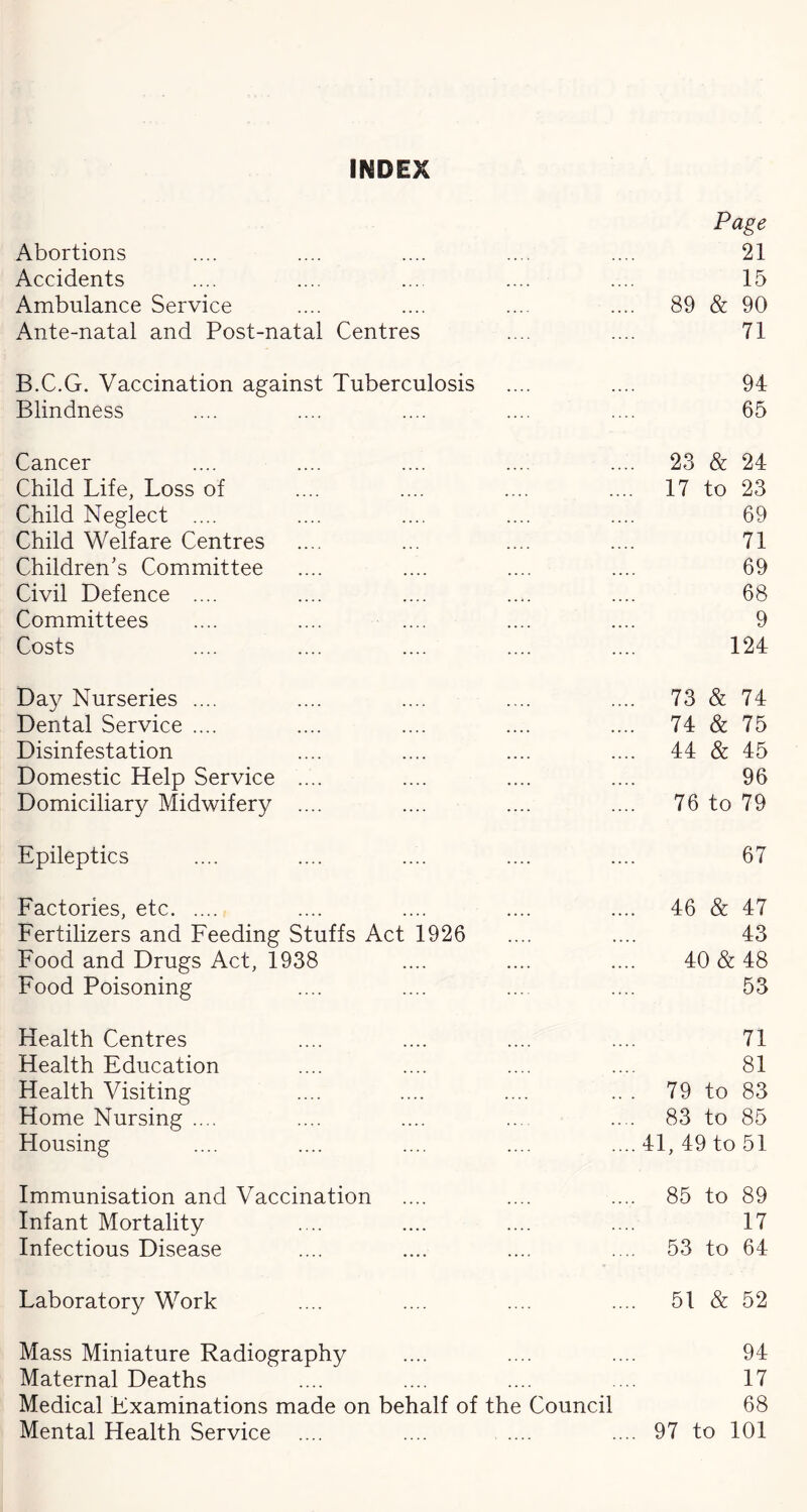 INDEX Abortions Accidents Ambulance Service Ante-natal and Post-natal Centres B.C.G. Vaccination against Tuberculosis Blindness Cancer Child Life, Loss of Child Neglect .... Child Welfare Centres Children's Committee Civil Defence .... Committees Costs Day Nurseries .... Dental Service .... Disinfestation Domestic Help Service .... Domiciliary Midwifery .... Epileptics Factories, etc Fertilizers and Feeding Stuffs Act 1926 Food and Drugs Act, 1938 Food Poisoning Health Centres Health Education Health Visiting Home Nursing .... Housing Immunisation and Vaccination Infant Mortality Infectious Disease Laboratory Work Mass Miniature Radiography Maternal Deaths Medical Examinations made on behalf of the Council Mental Health Service .... .... .... Page 21 15 89 & 90 71 94 65 23 & 24 17 to 23 69 71 69 68 9 124 73 & 74 74 & 75 44 & 45 96 76 to 79 67 46 & 47 43 40 & 48 53 71 81 79 to 83 83 to 85 41, 49 to 51 85 to 89 17 53 to 64 51 & 52 94 17 68 97 to 101