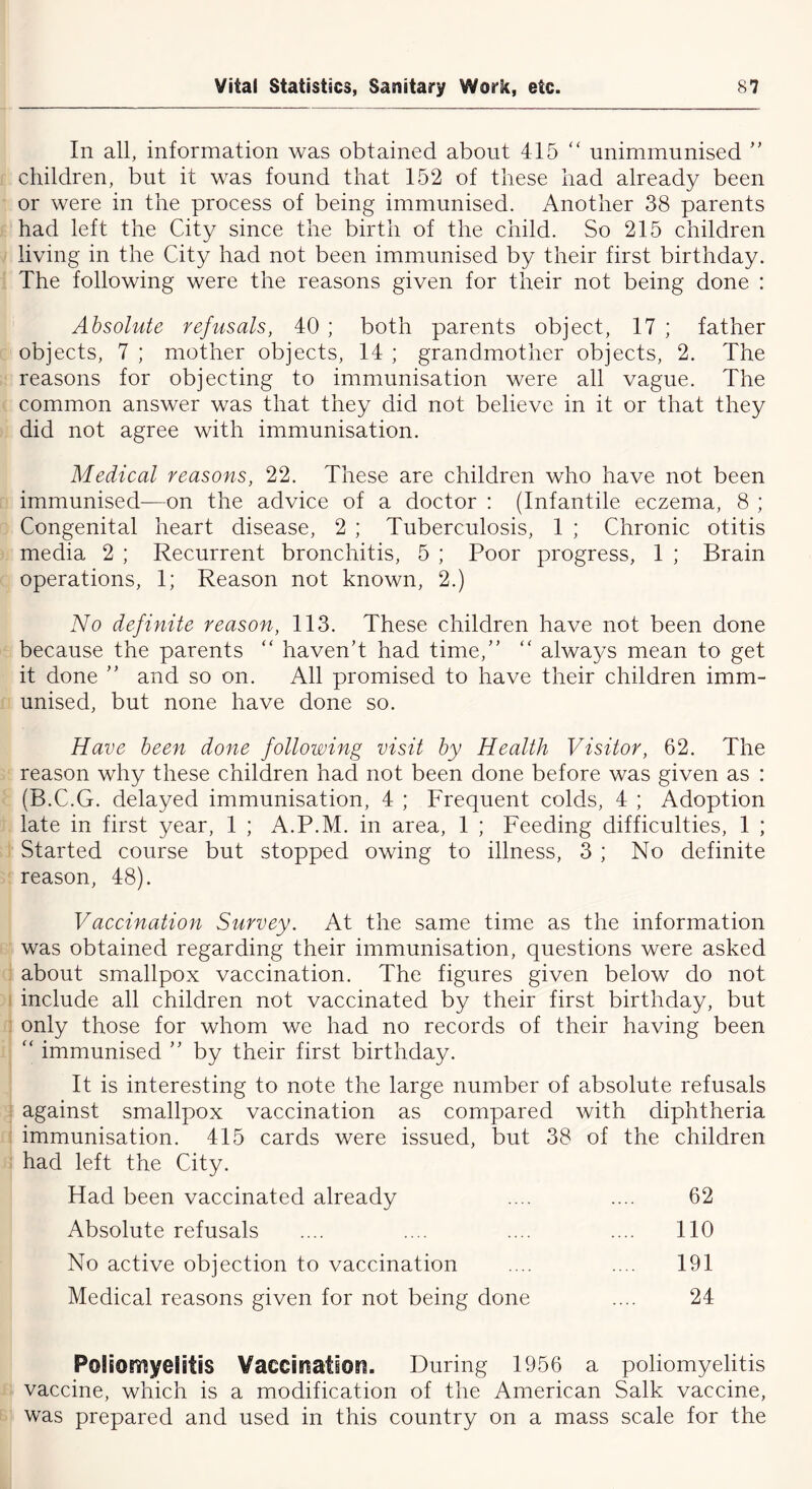 In all, information was obtained about 415 “ unimmunised ” children, but it was found that 152 of these had already been or were in the process of being immunised. Another 38 parents had left the City since the birth of the child. So 215 children living in the City had not been immunised by their first birthday. The following were the reasons given for their not being done : Absolute refusals, 40 ; both parents object, 17 ; father objects, 7 ; mother objects, 14 ; grandmother objects, 2. The reasons for objecting to immunisation were all vague. The common answer was that they did not believe in it or that they did not agree with immunisation. Medical reasons, 22. These are children who have not been immunised—on the advice of a doctor : (Infantile eczema, 8 ; Congenital heart disease, 2 ; Tuberculosis, 1 ; Chronic otitis media 2 ; Recurrent bronchitis, 5 ; Poor progress, 1 ; Brain operations, 1; Reason not known, 2.) No definite reason, 113. These children have not been done because the parents “ haven’t had time,” “ always mean to get it done ” and so on. All promised to have their children imm- unised, but none have done so. Have been done following visit by Health Visitor, 62. The reason why these children had not been done before was given as : (B.C.G. delayed immunisation, 4 ; Frequent colds, 4 ; Adoption late in first year, 1 ; A.P.M. in area, 1 ; Feeding difficulties, 1 ; Started course but stopped owing to illness, 3 ; No definite reason, 48). Vaccination Survey. At the same time as the information was obtained regarding their immunisation, questions were asked about smallpox vaccination. The figures given below do not include all children not vaccinated by their first birthday, but only those for whom we had no records of their having been “ immunised ” by their first birthday. It is interesting to note the large number of absolute refusals against smallpox vaccination as compared with diphtheria immunisation. 415 cards were issued, but 38 of the children had left the City. Had been vaccinated already .... .... 62 Absolute refusals .... .... .... .... 110 No active objection to vaccination .... .... 191 Medical reasons given for not being done .... 24 Poliomyelitis Vaccination. During 1956 a poliomyelitis vaccine, which is a modification of the American Salk vaccine, was prepared and used in this country on a mass scale for the