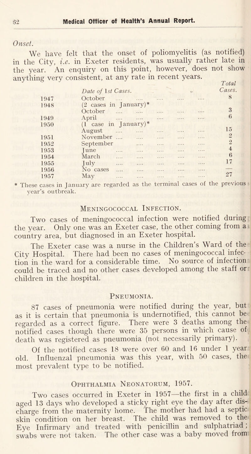 Onset. in the City, i. e. in Exeter residents, was usually rather late in the year. An enquiry on this point. however, does not show anything very consistent, at any rate m recent years. Total Date of I5/ Cases. 'O Cases. 1947 October 8 1948 (2 cases in January)* October 3 1949 April 6 1950 (1 case in January)* August 15 1951 November .... 2 1952 September 2 1953 June 4 1954 March 6 1955 July 17 1956 No cases — 1957 May 27 * These cases in January are regarded as the terminal cases of the previous 3ear’s outbreak. Meningococcal Ineection. Two cases of meningococcal infection were notified during, the year. Only one was an Exeter case, the other coming from a country area, but diagnosed in an Exeter hospital. The Exeter case was a nurse in the Children’s Ward of the City Hospital. There had been no cases of meningococcal infec- tion in the ward for a considerable time. No source of infection could be traced and no other cases developed among the staff or^ children in the hospital. Pneumonia. 87 cases of pneumonia were notified during the year, but as it is certain that pneumonia is undernotified, this cannot be regarded as a correct figure. There were 3 deatns among the notified cases though there were 35 persons in which cause of'j death was registered as pneumonia (not necessarily primary). , Of the notified cases 18 were over 60 and 16 under 1 year old. Influenzal pneumonia was this year, with 50 cases, the most prevalent type to be notified. Ophthalmia Neonatorum, 1957. Two cases occurred in Exeter in 1957—the first in a child aged 13 days who developed a sticky right eye the day after dis- charge from the maternity home. The mother had had a septic skin condition on her breast. The child was removed to the Eye Infirmary and treated with penicillin and sulphatriad; swabs were not taken. The other case was a baby moved from