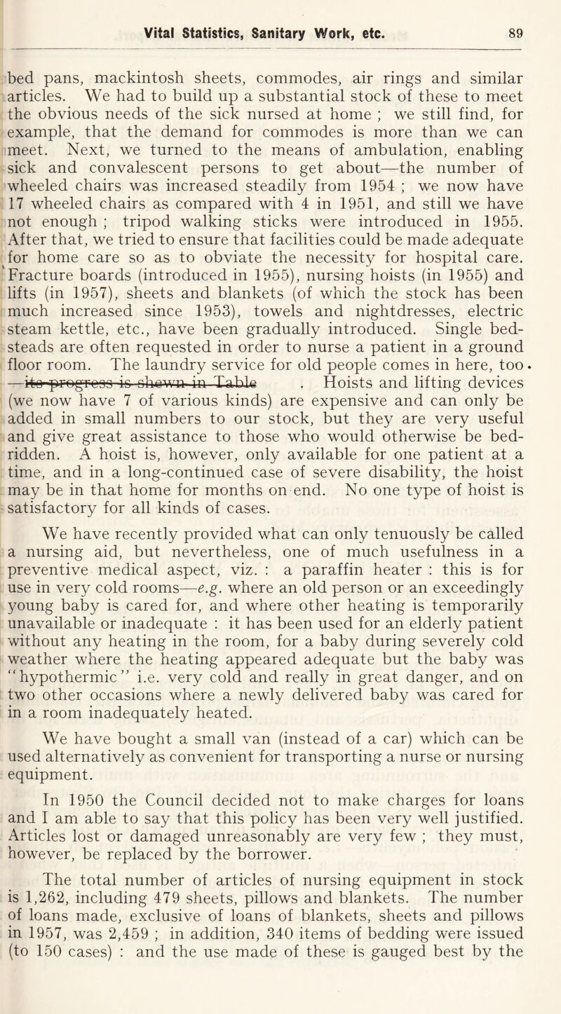 bed pans, mackintosh sheets, commodes, air rings and similar articles. We had to build up a substantial stock of these to meet the obvious needs of the sick nursed at home ; we still find, for example, that the demand for commodes is more than we can meet. Next, we turned to the means of ambulation, enabling sick and convalescent persons to get about—the number of wheeled chairs was increased steadily from 1954 ; we now have 17 wheeled chairs as compared with 4 in 1951, and still we have not enough ; tripod walking sticks were introduced in 1955. After that, we tried to ensure that facilities could be made adequate for home care so as to obviate the necessity for hospital care. Fracture boards (introduced in 1955), nursing hoists (in 1955) and lifts (in 1957), sheets and blankets (of which the stock has been much increased since 1953), towels and nightdresses, electric steam kettle, etc., have been gradually introduced. Single bed- steads are often requested in order to nurse a patient in a ground floor room. The laundry service for old people comes in here, too. —i^Q-pr-og^osG io ohown-in Table . Hoists and lifting devices (we now have 7 of various kinds) are expensive and can only be added in small numbers to our stock, but they are very useful and give great assistance to those who would otherwise be bed- ridden. A hoist is, however, only available for one patient at a time, and in a long-continued case of severe disability, the hoist may be in that home for months on end. No one type of hoist is ■ satisfactory for all kinds of cases. We have recently provided what can only tenuously be called a nursing aid, but nevertheless, one of much usefulness in a preventive medical aspect, viz. : a paraffin heater : this is for use in very cold rooms—e.g. where an old person or an exceedingly young baby is cared for, and where other heating is temporarily unavailable or inadequate : it has been used for an elderly patient without any heating in the room, for a baby during severely cold weather where the heating appeared adequate but the baby was “hypothermic” i.e. very cold and really in great danger, and on two other occasions where a newly delivered baby was cared for in a room inadequately heated. We have bought a small van (instead of a car) which can be used alternatively as convenient for transporting a nurse or nursing equipment. In 1950 the Council decided not to make charges for loans and I am able to say that this policy has been very well justified. Articles lost or damaged unreasonably are very few ; they must, however, be replaced by the borrower. The total number of articles of nursing equipment in stock is 1,262, including 479 sheets, pillows and blankets. The number of loans made, exclusive of loans of blankets, sheets and pillows in 1957, was 2,459 ; in addition, 340 items of bedding were issued (to 150 cases) : and the use made of these is gauged best by the