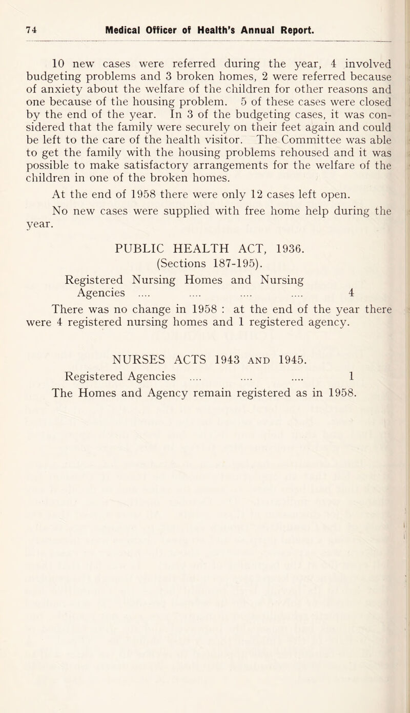 10 new cases were referred during the year, 4 involved budgeting problems and 3 broken homes, 2 were referred because of anxiety about the welfare of the children for other reasons and one because of the housing problem. 5 of these cases were closed by the end of the year. In 3 of the budgeting cases, it was con- sidered that the family were securely on their feet again and could be left to the care of the health visitor. The Committee was able to get the family with the housing problems rehoused and it was possible to make satisfactory arrangements for the welfare of the children in one of the broken homes. At the end of 1958 there were only 12 cases left open. No new cases were supplied with free home help during the year. PUBLIC HEALTH ACT, 1936. (Sections 187-195). Registered Nursing Homes and Nursing Agencies .... .... .... .... 4 There was no change in 1958 : at the end of the year there were 4 registered nursing homes and 1 registered agency. NURSES ACTS 1943 and 1945. Registered Agencies .... .... .... 1 The Homes and Agency remain registered as in 1958.