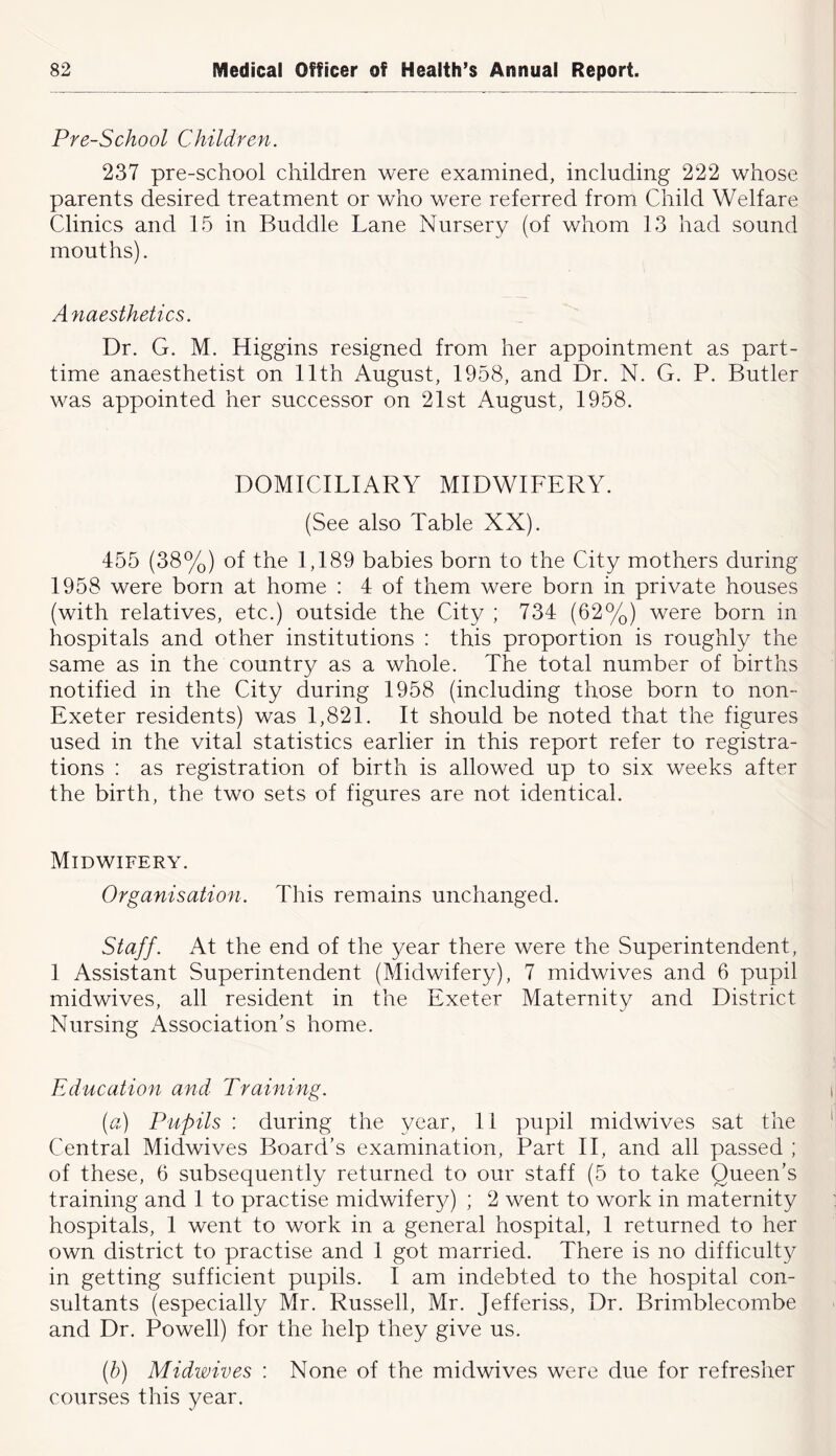 Pre-School Children. 237 pre-school children were examined, including 222 whose parents desired treatment or who were referred from Child Welfare Clinics and 15 in Buddie Lane Nursery (of whom 13 had sound mouths). Anaesthetics. Dr. G. M. Higgins resigned from her appointment as part- time anaesthetist on 11th August, 195(S, and Dr. N. G. P. Butler was appointed her successor on 21st August, 1958. DOMICILIARY MIDWIFERY. (See also Table XX). 455 (38%) of the 1,189 babies born to the City mothers during 1958 were born at home : 4 of them were born in private houses (with relatives, etc.) outside the City ; 734 (62%) were born in hospitals and other institutions : this proportion is roughly the same as in the country as a whole. The total number of births notified in the City during 1958 (including those born to non- Exeter residents) was 1,821. It should be noted that the figures used in the vital statistics earlier in this report refer to registra- tions : as registration of birth is allowed up to six weeks after the birth, the two sets of figures are not identical. Midwifery. Organisation. This remains unchanged. Staff. At the end of the year there were the Superintendent, 1 Assistant Superintendent (Midwifery), 7 midwives and 6 pupil midwives, all resident in the Exeter Maternity and District Nursing x\ssociation’s home. Education and Training. (a) Pupils ; during the year, 11 ])upil midwives sat the Central Midwives Board’s examination. Part II, and all passed ; of these, 6 subsequently returned to our staff (5 to take Queen’s training and 1 to practise midwifery) ; 2 went to work in maternity hospitals, 1 went to work in a general hospital, 1 returned to her own district to practise and 1 got married. There is no difficulty in getting sufficient pupils. I am indebted to the hospital con- sultants (especially Mr. Russell, Mr. Jefferiss, Dr. Brimblecombe and Dr. Powell) for the help they give us. (h) Midwives ; None of the midwives were due for refresher courses this year.