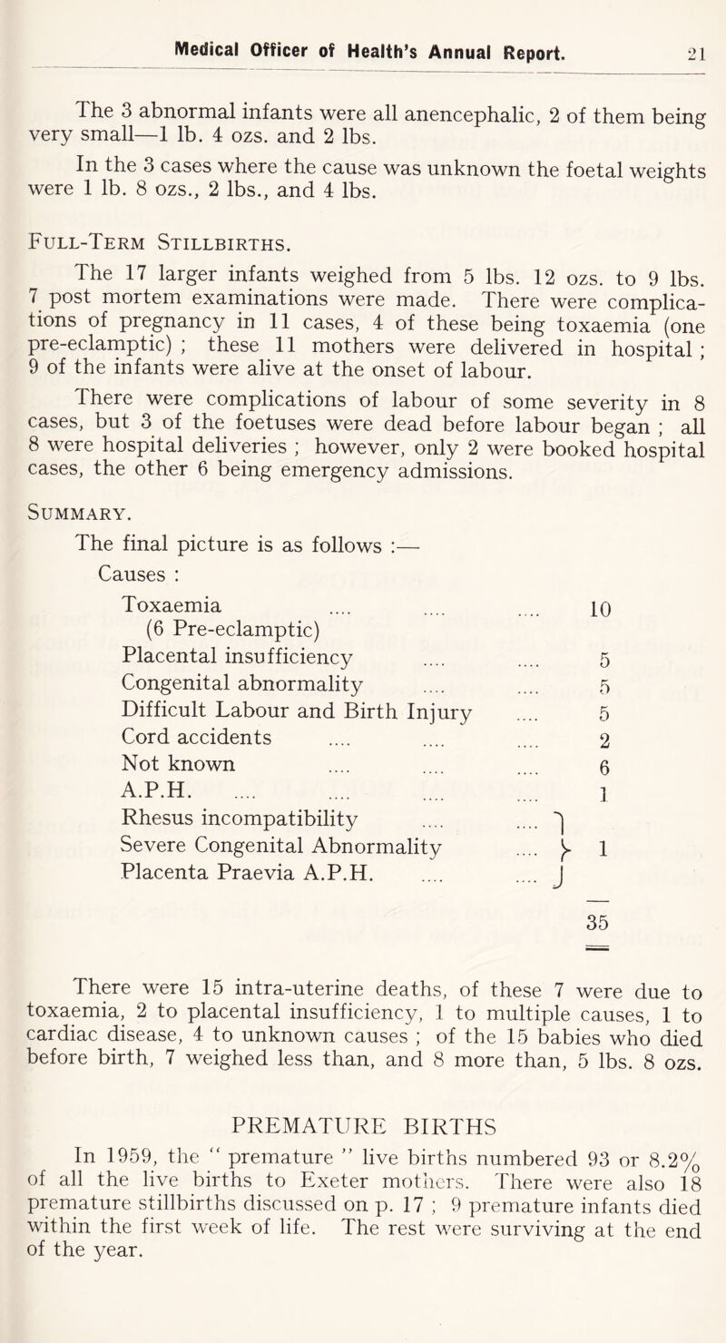 The 3 abnormal infants were all anencephalic, 2 of them being very small—1 lb. 4 ozs. and 2 lbs. In the 3 cases where the cause was unknown the foetal weights were 1 lb. 8 ozs., 2 lbs., and 4 lbs. Full-Term Stillbirths. The 17 larger infants weighed from 5 lbs. 12 ozs. to 9 lbs. 7 post mortem examinations were made. There were complica- tions of pregnancy in 11 cases, 4 of these being toxaemia (one pre-eclamptic) ; these 11 mothers were delivered in hospital ; 9 of the infants were alive at the onset of labour. There were complications of labour of some severity in 8 cases, but 3 of the foetuses were dead before labour began ; all 8 were hospital deliveries ; however, only 2 were booked hospital cases, the other 6 being emergency admissions. Summary. The final picture is as follows :— Causes : Toxaemia (6 Pre-eclamptic) Placental insufficiency Congenital abnormality Difficult Labour and Birth Injury Cord accidents Not known A.P.H Rhesus incompatibility Severe Congenital Abnormality Placenta Praevia A.P.H. 10 5 5 5 2 6 1 1 ^ 1 J 35 There were 15 intra-uterine deaths, of these 7 were due to toxaemia, 2 to placental insufficiency, 1 to multiple causes, 1 to cardiac disease, 4 to unknown causes ; of the 15 babies who died before birth, 7 weighed less than, and 8 more than, 5 lbs. 8 ozs. PREMATURE BIRTHS In 1959, the “ premature ” live births numbered 93 or 8.2% of all the live births to Exeter mothers. There were also 18 premature stillbirths discussed on p. 17 ; 9 premature infants died within the first week of life. The rest were surviving at the end of the year.
