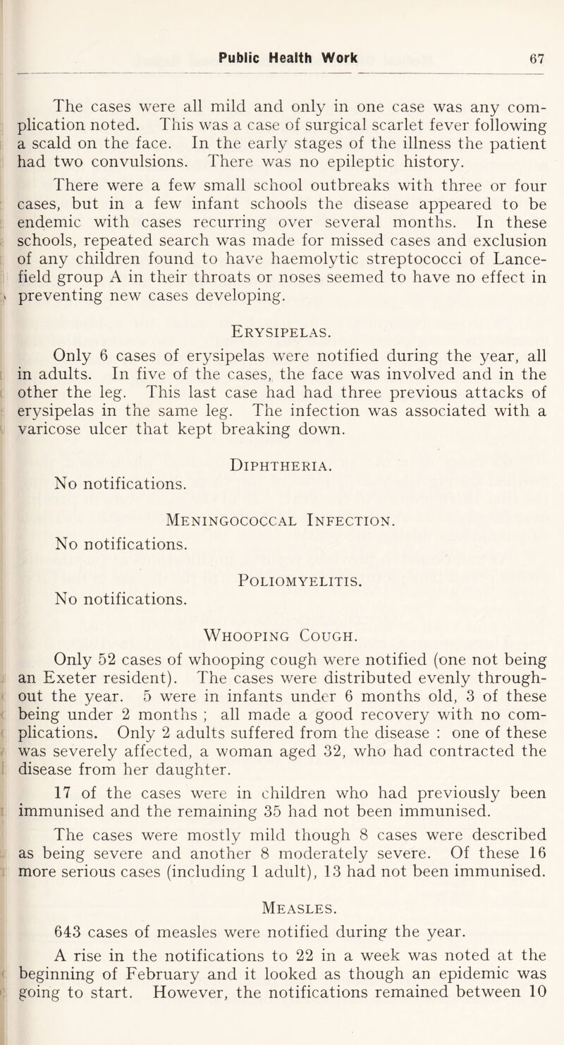 The cases were all mild and only in one case was any com- plication noted. This was a case of surgical scarlet fever following a scald on the face. In the early stages of the illness the patient had two convulsions. There was no epileptic history. There were a few small school outbreaks with three or four cases, but in a few infant schools the disease appeared to be endemic with cases recurring over several months. In these schools, repeated search was made for missed cases and exclusion of any children found to have haemolytic streptococci of Lance- field group A in their throats or noses seemed to have no effect in preventing new cases developing. Erysipelas. Only 6 cases of erysipelas were notified during the year, all in adults. In five of the cases, the face was involved and in the other the leg. This last case had had three previous attacks of erysipelas in the same leg. The infection was associated with a varicose ulcer that kept breaking down. Diphtheria. No notifications. Meningococcal Infection. No notifications. Poliomyelitis. No notifications. Whooping Cough. Only 52 cases of whooping cough were notified (one not being an Exeter resident). The cases were distributed evenly through- out the year. 5 were in infants under 6 months old, 3 of these being under 2 months ; all made a good recovery with no com- plications. Only 2 adults suffered from the disease : one of these was severely affected, a woman aged 32, who had contracted the disease from her daughter. 17 of the cases were in children who had previously been immunised and the remaining 35 had not been immunised. The cases were mostly mild though 8 cases were described as being severe and another 8 moderately severe. Of these 16 more serious cases (including 1 adult), 13 had not been immunised. Measles. 643 cases of measles were notified during the year. A rise in the notifications to 22 in a week was noted at the beginning of Eebruary and it looked as though an epidemic was going to start. However, the notifications remained between 10