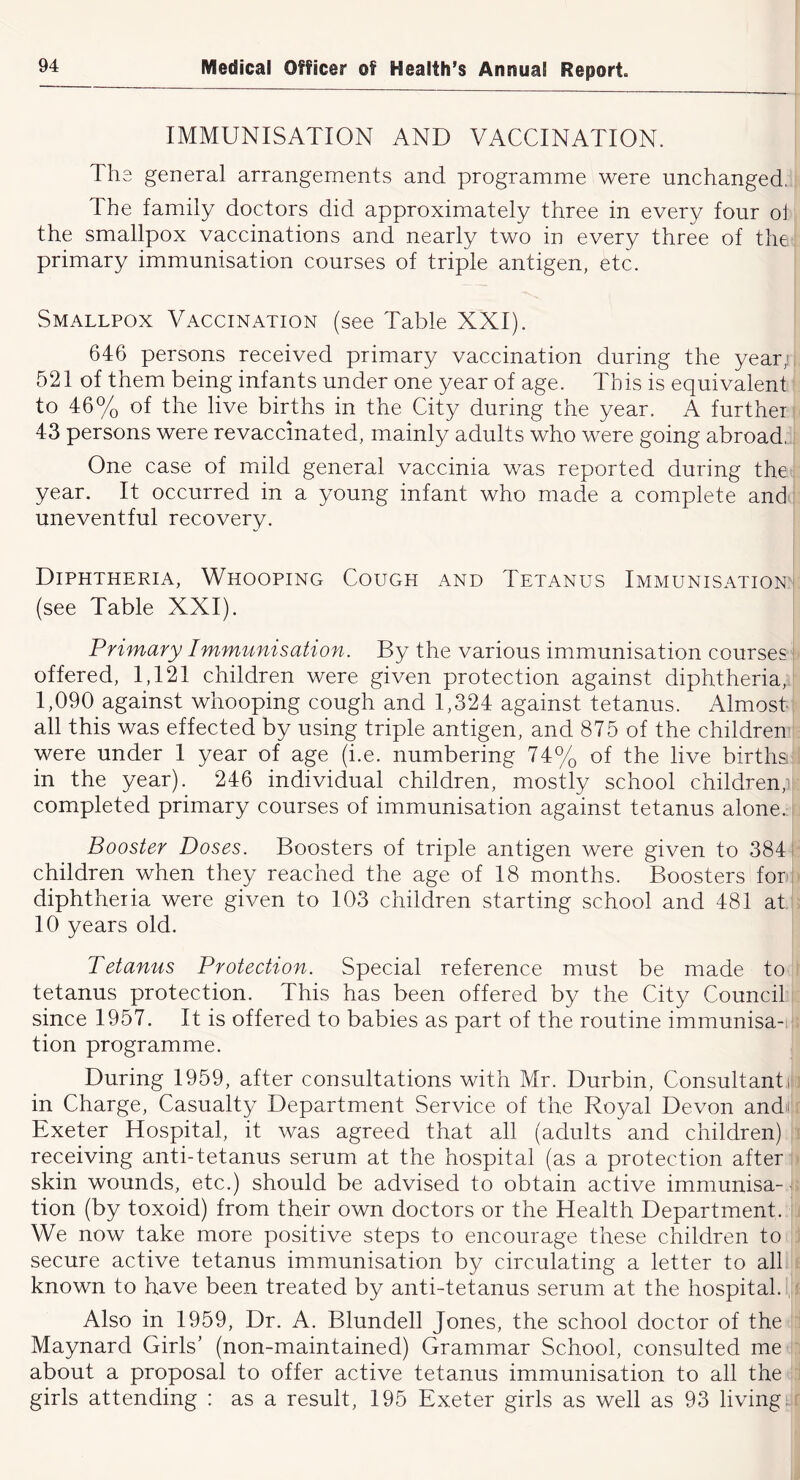 IMMUNISATION AND VACCINATION. The general arrangements and programme were unchanged, The family doctors did approximately three in every four oi the smallpox vaccinations and nearly two in every three of the; primary immunisation courses of triple antigen, etc. Smallpox Vaccination (see Table XXI). 646 persons received primary vaccination during the year; 521 of them being infants under one year of age. This is equivalent > to 46% of the live births in the City during the year. A furtheii 43 persons were revaccinated, mainly adults who were going abroad,; One case of mild general vaccinia was reported during the year. It occurred in a young infant who made a complete andi uneventful recovery. i Diphtheria, Whooping Cough and Tetanus Immunisation;! (see Table XXI). I Primary Immunisation. By the various immunisation courses f offered, 1,121 children were given protection against diphtheria,! 1,090 against whooping cough and 1,324 against tetanus. Almost; all this was effected by using triple antigen, and 875 of the children'!: were under I year of age (i.e. numbering 74% of the live births!;! in the year). 246 individual children, mostly school children,i| completed primary courses of immunisation against tetanus alone. h Booster Doses. Boosters of triple antigen were given to 384 children when they reached the age of 18 months. Boosters forh diphtheiia were given to 103 children starting school and 481 at|^ 10 years old. Tetanus Protection. Special reference must be made to r tetanus protection. This has been offered by the City Council i since 1957. It is offered to babies as part of the routine immunisa-ih tion programme. During 1959, after consultations with Mr. Durbin, Consultantu in Charge, Casualty Department Service of the Royal Devon andu Exeter Hospital, it was agreed that all (adults and children) h receiving anti-tetanus serum at the hospital (as a protection after !) skin wounds, etc.) should be advised to obtain active immunisa-c tion (by toxoid) from their own doctors or the Health Department, li We now take more positive steps to encourage these children to secure active tetanus immunisation by circulating a letter to all £ known to have been treated by anti-tetanus serum at the hospital. ,!f Also in 1959, Dr. A. Blundell Jones, the school doctor of the ii Maynard Girls’ (non-maintained) Grammar School, consulted me v about a proposal to offer active tetanus immunisation to all the f girls attending : as a result, 195 Exeter girls as well as 93 livingJf