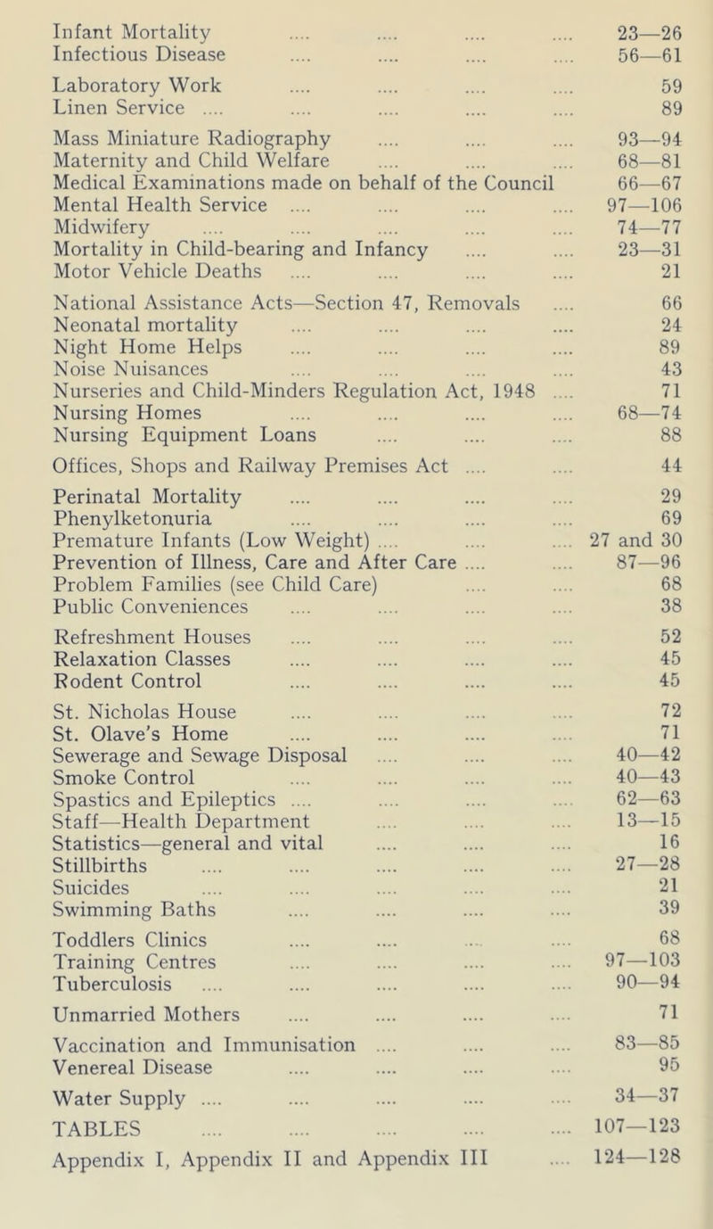 Infant Mortality 23—26 Infectious Disease 56—61 Laboratory Work 59 Linen Service .... 89 Mass Miniature Radiography 93—94 Maternity and Child Welfare 68—81 Medical Examinations made on behalf of the Council 66—67 Mental Health Service .... 97—106 Midwifery 74—77 Mortality in Child-bearing and Infancy 23—31 Motor Vehicle Deaths 21 National Assistance Acts—Section 47, Removals 66 Neonatal mortality 24 Night Home Helps 89 Noise Nuisances 43 Nurseries and Child-Minders Regulation Act, 1948 .... 71 Nursing Homes 68—74 Nursing Equipment Loans 88 Offices, Shops and Railway Premises Act .... 44 Perinatal Mortality 29 Phenylketonuria 69 Premature Infants (Low Weight) .... 27 and 30 Prevention of Illness, Care and After Care .... 87—96 Problem Families (see Child Care) 68 Public Conveniences 38 Refreshment Houses 52 Relaxation Classes 45 Rodent Control 45 St. Nicholas House 72 St. Olave’s Home 71 Sewerage and Sewage Disposal 40—42 Smoke Control 40—43 Spastics and Epileptics .... 62—63 Staff—Health Department 13—15 Statistics—general and vital 16 Stillbirths 27—28 Suicides 21 Swimming Baths 39 Toddlers Clinics 68 Training Centres 97—103 Tuberculosis 90—94 Unmarried Mothers 71 Vaccination and Immunisation .... 83—85 Venereal Disease 95 Water Supply .... 34—37 TABLES 107—123 Appendix I, Appendix II and Appendix III 124—128