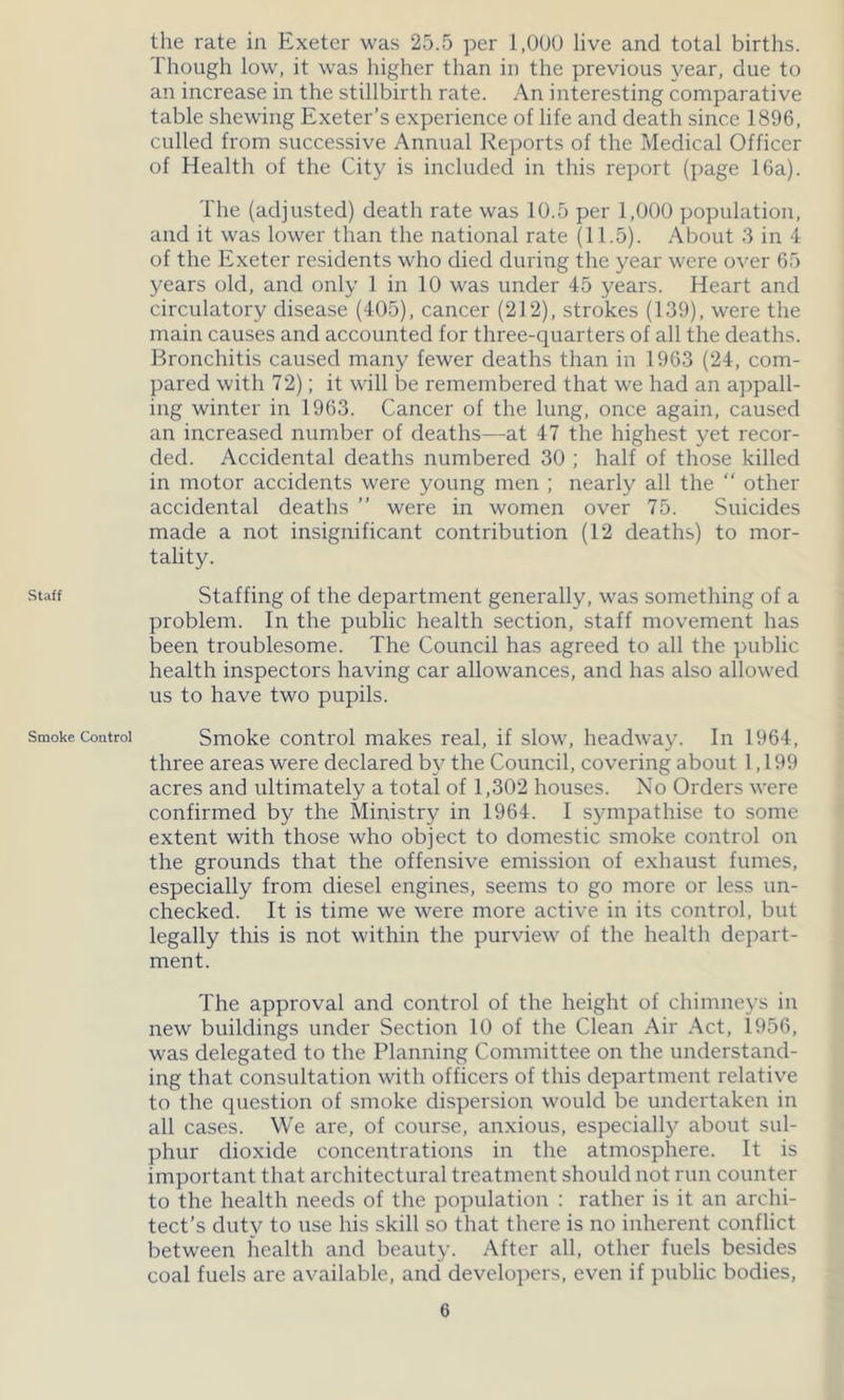 Staff Smoke. Control the rate in Exeter was 25.5 per 1,000 live and total births. Though low, it was higher than in the previous year, due to an increase in the stillbirth rate. An interesting comparative table shewing Exeter’s experience of life and death since 1896, culled from successive Annual Reports of the Medical Officer of Health of the City is included in this report (page 16a). The (adjusted) death rate was 10.5 per 1,000 population, and it was lower than the national rate (11.5). About 3 in 4 of the Exeter residents who died during the year were over 65 years old, and only 1 in 10 was under 45 years. Heart and circulatory disease (405), cancer (212), strokes (139), were the main causes and accounted for three-quarters of all the deaths. Bronchitis caused many fewer deaths than in 1963 (24, com- pared with 72); it will be remembered that we had an appall- ing winter in 1963. Cancer of the lung, once again, caused an increased number of deaths—at 47 the highest yet recor- ded. Accidental deaths numbered 30 ; half of those killed in motor accidents were young men ; nearly all the “ other accidental deaths ” were in women over 75. Suicides made a not insignificant contribution (12 deaths) to mor- tality. Staffing of the department generally, was something of a problem. In the public health section, staff movement has been troublesome. The Council has agreed to all the public health inspectors having car allowances, and has also allowed us to have two pupils. Smoke control makes real, if slow, headway. In 1964, three areas were declared by the Council, covering about 1,199 acres and ultimately a total of 1,302 houses. No Orders were confirmed by the Ministry in 1964. I sympathise to some extent with those who object to domestic smoke control on the grounds that the offensive emission of exhaust fumes, especially from diesel engines, seems to go more or less un- checked. It is time we were more active in its control, but legally this is not within the purview of the health depart- ment. The approval and control of the height of chimneys in new buildings under Section 10 of the Clean Air Act, 1.956, was delegated to the Planning Committee on the understand- ing that consultation with officers of this department relative to the question of smoke dispersion would be undertaken in all cases. We are, of course, anxious, especially about sul- phur dioxide concentrations in the atmosphere. It is important that architectural treatment should not run counter to the health needs of the population : rather is it an archi- tect’s duty to use his skill so that there is no inherent conflict between health and beauty. After all, other fuels besides coal fuels are available, and developers, even if public bodies.