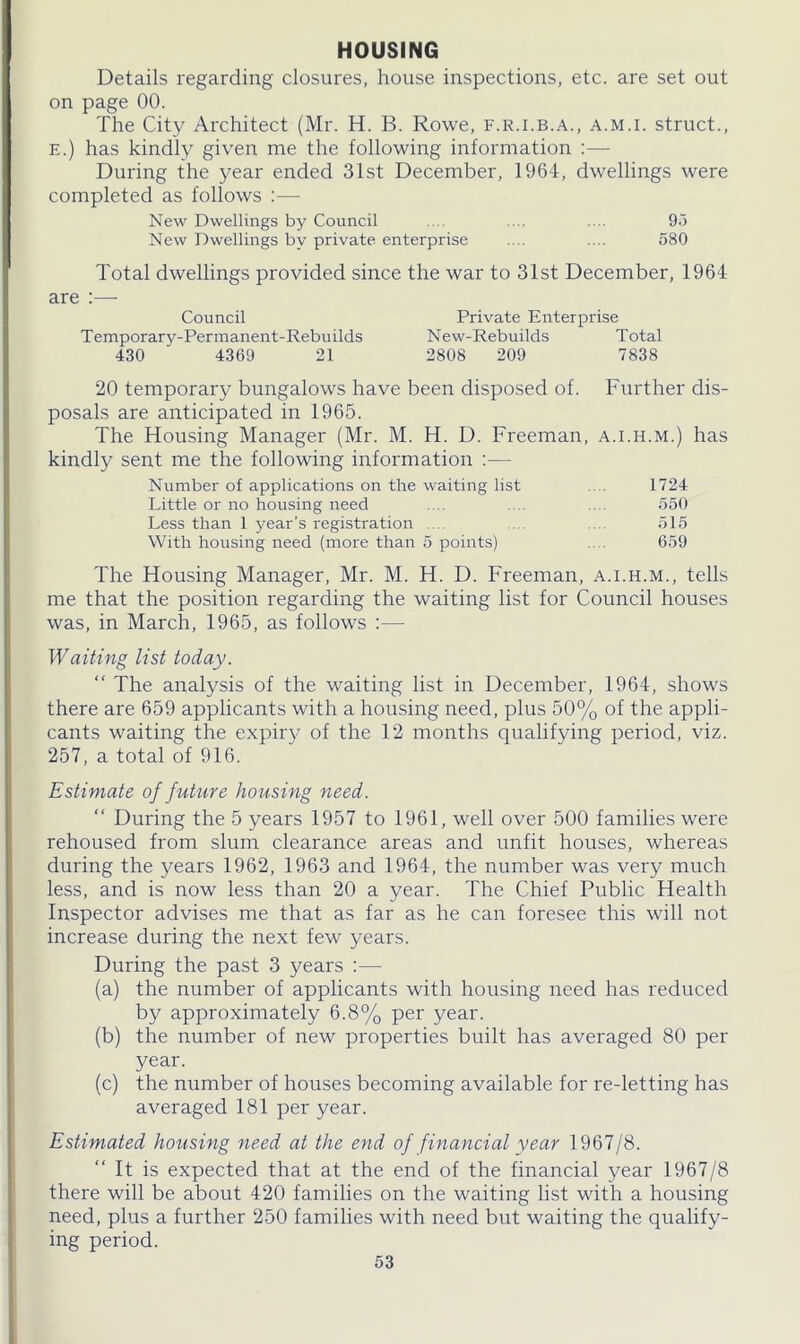 HOUSING Details regarding closures, house inspections, etc. are set out on page 00. The City Architect (Mr. H. B. Rowe, f.r.i.b.a., a.m.i. struct., e.) has kindly given me the following information :— During the year ended 31st December, 1964, dwellings were completed as follows :— New Dwellings by Council .... .... 95 New Dwellings by private enterprise .... .... 580 Total dwellings provided since the war to 31st December, 1964 are :— Council Private Enterprise Temporary-Permanent-Rebuilds New-Rebuilds Total 430 4369 21 2808 209 7838 20 temporary bungalows have been disposed of. Further dis- posals are anticipated in 1965. The Housing Manager (Mr. M. H. D. Freeman, a.i.h.m.) has kindly sent me the following information :— Number of applications on the waiting list .... 1724 Little or no housing need .... 550 Less than 1 year’s registration 515 With housing need (more than 5 points) 659 The Housing Manager, Mr. M. H. D. Freeman, a.i.h.m., tells me that the position regarding the waiting list for Council houses was, in March, 1965, as follows :—- Waiting list today. “ The analysis of the waiting list in December, 1964, shows there are 659 applicants with a housing need, plus 50% of the appli- cants waiting the expiry of the 12 months qualifying period, viz. 257, a total of 916. Estimate of future housing need. “ During the 5 years 1957 to 1961, well over 500 families were rehoused from slum clearance areas and unfit houses, whereas during the years 1962, 1963 and 1964, the number was very much less, and is now less than 20 a year. The Chief Public Health Inspector advises me that as far as he can foresee this will not increase during the next few years. During the past 3 years :— (a) the number of applicants with housing need has reduced by approximately 6.8% per year. (b) the number of new properties built has averaged 80 per year. (c) the number of houses becoming available for re-letting has averaged 181 per year. Estimated housing need at the end of f inancial year 1967/8. It is expected that at the end of the financial year 1967/8 there will be about 420 families on the waiting list with a housing need, plus a further 250 families with need but waiting the qualify- ing period.