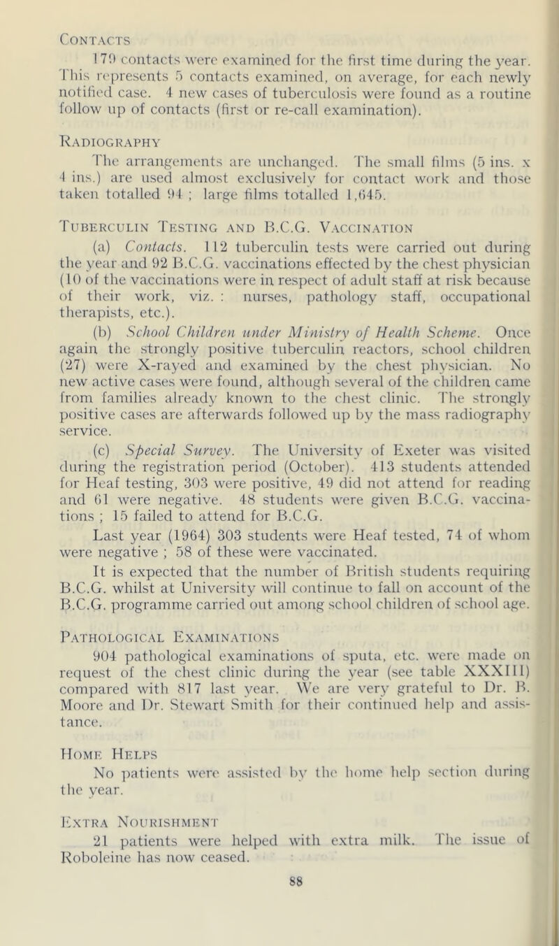 Contacts 170 contacts were examined for the first time during the year. 1 his represents 5 contacts examined, on average, for each newly notified case. 4 new cases of tuberculosis were found as a routine follow up of contacts (first or re-call examination). Radiography The arrangements are unchanged. The small films (5 ins. x 4 ins.) are used almost exclusively for contact work and those taken totalled 94 ; large films totalled 1,(545. Tuberculin Testing and B.C.G. Vaccination (a) Contacts. 112 tuberculin tests were carried out during the year and 92 B.C.G. vaccinations effected by the chest physician (10 of the vaccinations were in respect of adult staff at risk because of their work, viz. : nurses, pathology staff, occupational therapists, etc.). (b) School Children under Ministry of Health Scheme. Once again the strongly positive tuberculin reactors, school children (27) were X-rayed and examined by the chest physician. No new active cases were found, although several of the children came from families already known to the chest clinic. The strongly positive cases are afterwards followed up by the mass radiography service. (c) Special Survey. The University of Exeter was visited during the registration period (October). 413 students attended for Heaf testing, 303 were positive, 49 did not attend for reading and 01 were negative. 48 students were given B.C.G. vaccina- tions ; 15 failed to attend for B.C.G. Last year (1964) 303 students were Heaf tested, 74 of whom were negative ; 58 of these were vaccinated. It is expected that the number of British students requiring B.C.G. whilst at University will continue to fall on account of the B.C.G. programme carried out among school children of school age. Pathological Examinations 904 pathological examinations of sputa, etc. were made on request of the chest clinic during the year (see table XXXIII) compared with 817 last year. We are very grateful to Dr. B. Moore and Dr. Stewart Smith for their continued help and assis- tance. Home Helps No patients were assisted by the home help section during the year. Extra Nourishment 21 patients were helped with extra milk. The issue of Roboleine has now ceased.