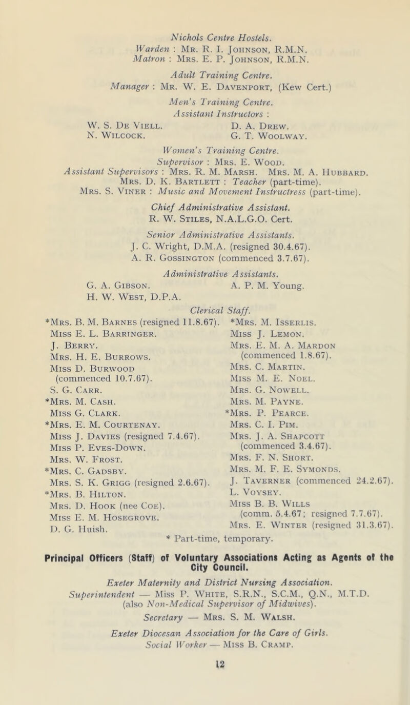Nichols Centre Hostels. Warden : Mr. R. I. Johnson, R.M.N. Matron : Mrs. E. P. Johnson, R.M.N. Adult Training Centre. Manager : Mr. W. E. Davenport, (Kew Cert.) Men's Training Centre. Assistant Instructors : W. S. De Viell. D. A. Drew. N. Wilcock. G. T. Woolway. Women's Training Centre. Supervisor : Mrs. E. Wood. Assistant Supervisors : Mrs. R. M. Marsh. Mrs. M. A. Hubbard. Mrs. D. K. Bartlett : Teacher (part-time). Mrs. S. Viner : Music and Movement Instructress (part-time). Chief Administrative Assistant. R. W. Stiles, N.A.L.G.O. Cert. Senior Administrative Assistants. J. C. Wright, D.M.A. (resigned 30.4.67). A. R. Gossington (commenced 3.7.67). A dministrative A ssistants. G. A. Gibson. A. P. M. Young. H. W. West, D.P.A. Clerical Staff. *Mrs. B. M. Barnes (resigned 11.8.67) Miss E. L. Barringer. J. Berry. Mrs. H. E. Burrows. Miss D. Burwood (commenced 10.7.67). S. G. Carr. *Mrs. M. Cash. Miss G. Clark. *Mrs. E. M. Courtenay. Miss J. Davies (resigned 7.4.67). Miss P. Eves-Down. Mrs. W. Frost. *Mrs. C. Gadsby. Mrs. S. K. Grigg (resigned 2.6.67). *Mrs. B. Hilton. Mrs. D. Hook (nee Coe). Miss E. M. Hosegrove. D. G. Huish. *Mrs. M. Isserlis. Miss J. Lemon. Mrs. E. M. A. Mardon (commenced 1.8.67). Mrs. C. Martin. Miss M. E. Noel. Mrs. G. Nowell. Mrs. M. Payne. *Mrs. P. Pearce. Mrs. C. I. Pim. Mrs. J. A. Shapcott (commenced 3.4.67). Mrs. F. N. Short. Mrs. M. F. E. Symonds. J. Taverner (commenced 24.2.67). L. Voysey. Miss B. B. Wills (comm. S.4.67; resigned 7.7.67). Mrs. E. Winter (resigned 31.3.67). * Part-time, temporary. Principal Officers (Staff) of Voluntary Associations Acting; as Agents of the City Council. Exeter Maternity and District Nursing Association. Superintendent — Miss P. White, S.R.N., S.C.M., Q.N., M.T.D. (also Non-Medical Supervisor of Midwives). Secretary — Mrs. S. M. Walsh. Exeter Diocesan Association for the Care of Girls. Social Worker — Miss B. Cramp.