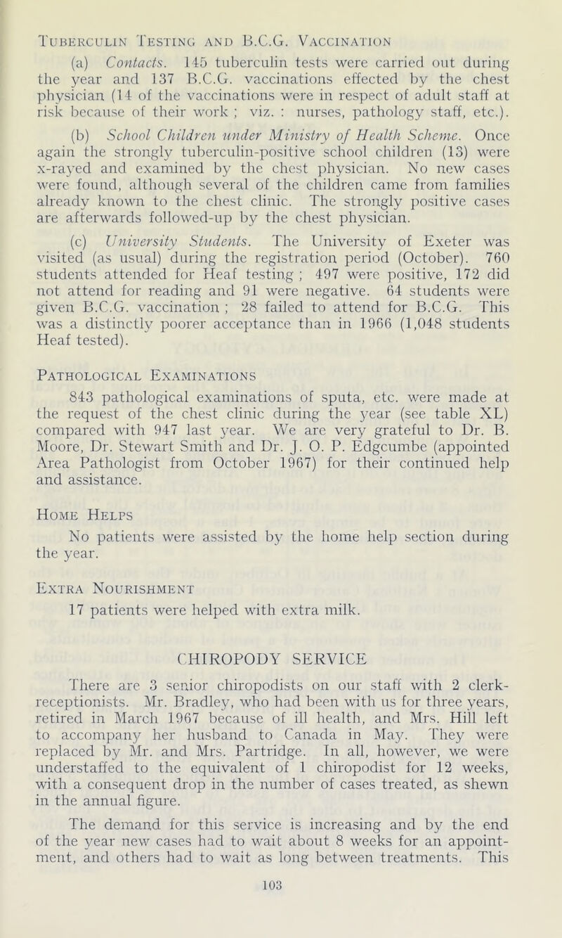 Tuberculin Testing and B.C.G. Vaccination (a) Contacts. 145 tuberculin tests were carried out during the year and 137 B.C.G. vaccinations effected by the chest physician (14 of the vaccinations were in respect of adult staff at risk because of their work ; viz. : nurses, pathology staff, etc.). (b) School Children under Ministry of Health Scheme. Once again the strongly tuberculin-positive school children (13) were x-rayed and examined by the chest physician. No new cases were found, although several of the children came from families already known to the chest clinic. The strongly positive cases are afterwards followed-up by the chest physician. (c) University Students. The University of Exeter was visited (as usual) during the registration period (October). 760 students attended for Heaf testing ; 497 were positive, 172 did not attend for reading and 91 were negative. 64 students were given B.C.G. vaccination ; 28 failed to attend for B.C.G. This was a distinctly poorer acceptance than in 1966 (1,048 students Heaf tested). Pathological Examinations 843 pathological examinations of sputa, etc. were made at the request of the chest clinic during the year (see table XL) compared with 947 last year. We arc very grateful to Dr. B. Moore, Dr. Stewart Smith and Dr. J. 0. P. Edgcumbe (appointed Area Pathologist from October 1967) for their continued help and assistance. Home Helps No patients were assisted by the home help section during the year. Extra Nourishment 17 patients were helped with extra milk. CHIROPODY SERVICE There are 3 senior chiropodists on our staff with 2 clerk- receptionists. Mr. Bradley, who had been with us for three years, retired in March 1967 because of ill health, and Mrs. Hill left to accompany her husband to Canada in May. They were replaced by Mr. and Mrs. Partridge. In all, however, we were understaffed to the equivalent of 1 chiropodist for 12 weeks, with a consequent drop in the number of cases treated, as shewn in the annual figure. The demand for this service is increasing and by the end of the year new cases had to wait about 8 weeks for an appoint- ment, and others had to wait as long between treatments. This