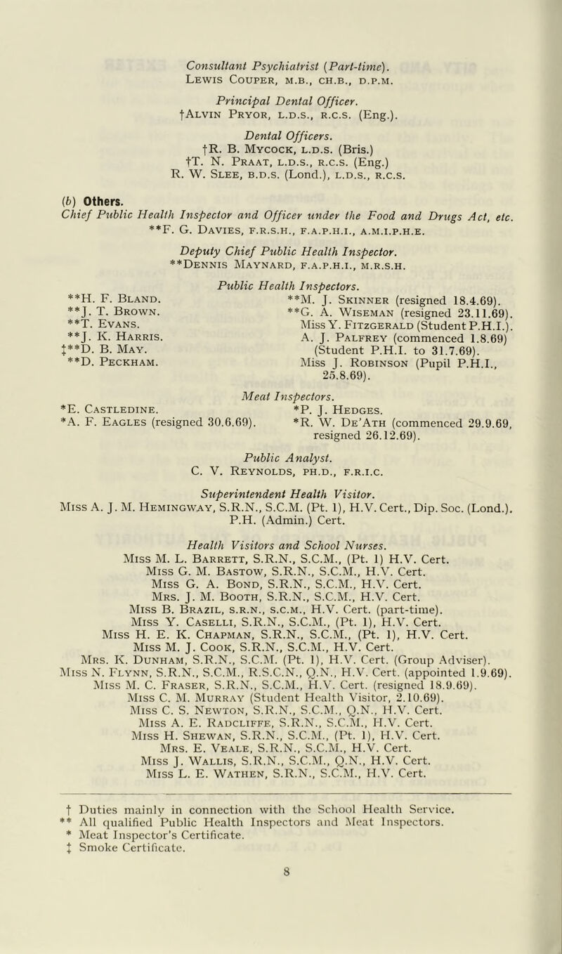 Consultant Psychiatrist (Part-time). Lewis Couper, m.b., ch.b., d.p.m. Principal Dental Officer. fAlvin Pryor, l.d.s., r.c.s. (Eng.). Dental Officers. |R. B. Mycock, l.d.s. (Bris.) tT. N. Praat, l.d.s., r.c.s. (Eng.) R. W. Slee, b.d.s. (Lond.), l.d.s., r.c.s. (b) Others. Chief Public Health Inspector and Officer under the Food and Drugs Act, etc. **F. G. Davies, f.r.s.h., f.a.p.h.i., a.m.i.p.h.e. Deputy Chief Public Health Inspector. **Dennis Maynard, f.a.p.h.i., m.r.s.h. **H. F. Bland. **J. T. Brown. **T. Evans. **J. K. Harris. I**D. B. May. **D. Peckham. Public Health Inspectors. **M. J. Skinner (resigned 18.4.69). **G. A. Wiseman (resigned 23.11.69). Miss Y. Fitzgerald (Student P.H.I.). A. J. Palfrey (commenced 1.8.69) (Student P.H.I. to 31.7.69). Miss J. Robinson (Pupil P.H.I., 25.8.69). Meat Inspectors. *E. Castledine. * *P. J. Hedges. *A. F. Eagles (resigned 30.6.69), *R. W. De’Ath (commenced 29.9.69, resigned 26.12.69). Public Analyst. C. V. Reynolds, ph.d., f.r.i.c. Superintendent Health Visitor. Miss A. J. M. Hemingway, S.R.N., S.C.M. (Pt. 1), H.V. Cert., Dip. Soc. (Lond.). P.H. (Admin.) Cert. Health Visitors and School Nurses. Miss M. L. Barrett, S.R.N., S.C.M., (Pt. 1) H.V. Cert. Miss G. M. Bastow, S.R.N., S.C.M., H.V. Cert. Miss G. A. Bond, S.R.N., S.C.M., H.V. Cert. Mrs. J. M. Booth, S.R.N., S.C.M., H.V. Cert. Miss B. Brazil, s.r.n., s.c.m., H.V. Cert, (part-time). Miss Y. Caselli, S.R.N., S.C.M., (Pt. 1), H.V. Cert. Miss H. E. K. Chapman, S.R.N., S.C.M., (Pt. 1), H.V. Cert. Miss M. J. Cook, S.R.N., S.C.M., H.V. Cert. Mrs. K. Dunham, S.R.N., S.C.M. (Pt. 1), H.V. Cert. (Group Adviser). Miss N. Flynn, S.R.N., S.C.M., R.S.C.N., Q.N., H.V. Cert, (appointed 1.9.69). Miss M. C. Fraser, S.R.N., S.C.M., H.V. Cert, (resigned 18.9.69). Miss C. M. Murray (Student Health Visitor, 2.10.69). Miss C. S. Newton, S.R.N., S.C.M., Q.N., H.V. Cert. Miss A. E. Radclifff., S.R.N., S.C.M., H.V. Cert. Miss H. Shewan, S.R.N., S.C.M., (Pt. 1), H.V. Cert. Mrs. E. Veale, S.R.N., S.C.M., H.V. Cert. Miss J. Wallis, S.R.N., S.C.M., Q.N., H.V. Cert. Miss L. E. Wathen, S.R.N., S.C.M., H.V. Cert. t Duties mainly in connection with the School Health Service. ** All qualified Public Health Inspectors and Meat Inspectors. * Meat Inspector’s Certificate. I Smoke Certificate.