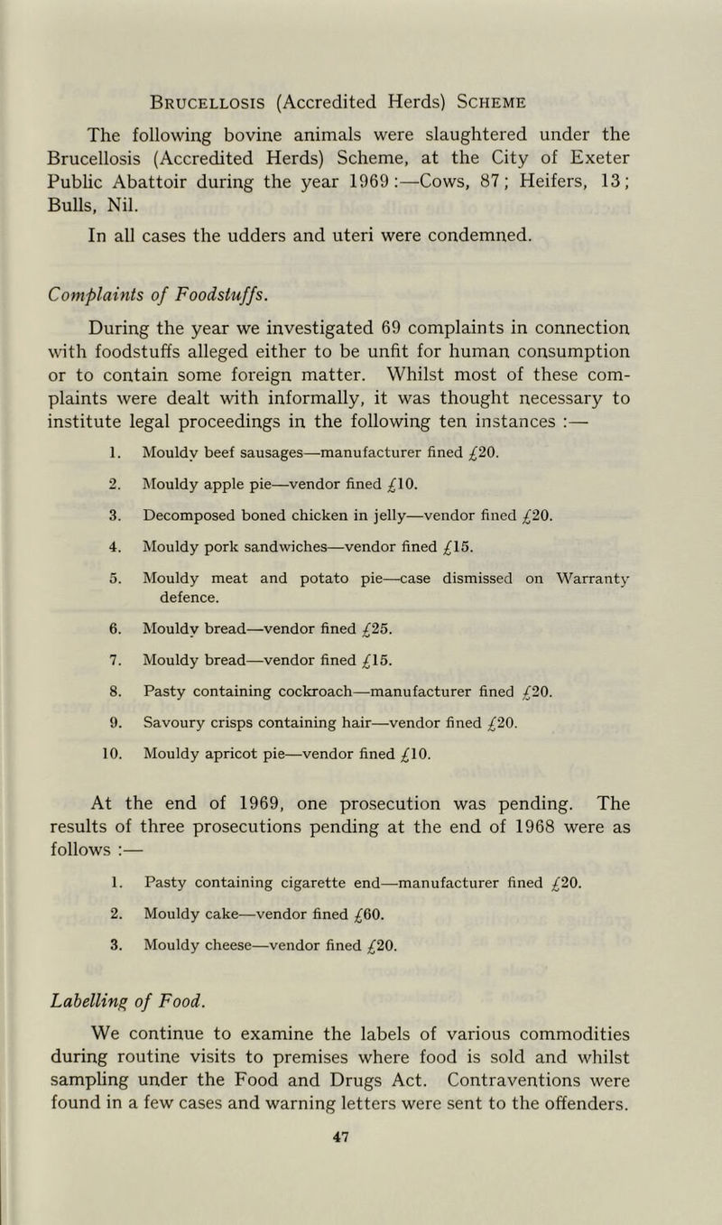 Brucellosis (Accredited Herds) Scheme The following bovine animals were slaughtered under the Brucellosis (Accredited Herds) Scheme, at the City of Exeter Public Abattoir during the year 1969:—Cows, 87; Heifers, 13; Bulls, Nil. In all cases the udders and uteri were condemned. Complaints of Foodstuffs. During the year we investigated 69 complaints in connection with foodstuffs alleged either to be unfit for human consumption or to contain some foreign matter. Whilst most of these com- plaints were dealt with informally, it was thought necessary to institute legal proceedings in the following ten instances :— 1. Mouldy beef sausages—manufacturer fined £20. 2. Mouldy apple pie—vendor fined /10. 3. Decomposed boned chicken in jelly—vendor fined £20. 4. Mouldy pork sandwiches—vendor fined /15. 5. Mouldy meat and potato pie—case dismissed on Warranty defence. 6. Mouldy bread—vendor fined £25. 7. Mouldy bread—vendor fined £15. 8. Pasty containing cockroach—manufacturer fined /20. 9. Savoury crisps containing hair—vendor fined £20. 10. Mouldy apricot pie—vendor fined £10. At the end of 1969, one prosecution was pending. The results of three prosecutions pending at the end of 1968 were as follows :— 1. Pasty containing cigarette end—manufacturer fined /20. 2. Mouldy cake—vendor fined ^60. 3. Mouldy cheese—vendor fined /20. Labelling of Food. We continue to examine the labels of various commodities during routine visits to premises where food is sold and whilst sampling under the Food and Drugs Act. Contraventions were found in a few cases and warning letters were sent to the offenders.