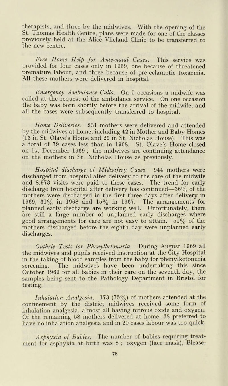 therapists, and three by the midwives. With the opening of the St. Thomas Health Centre, plans were made for one of the classes previously held at the Alice Vlieland Clinic to be transferred to the new centre. Free Home Help for Ante-natal Cases. This service was provided for four cases only in 1969, one because of threatened premature labour, and three because of pre-eclamptic toxaemia. All these mothers were delivered in hospital. Emergency Ambulance Calls. On 5 occasions a midwife was called at the request of the ambulance service. On one occasion the baby was born shortly before the arrival of the midwife, and all the cases were subsequently transferred to hospital. Home Deliveries. 231 mothers were delivered and attended by the midwives at home, including 42 in Mother and Baby Homes (13 in St. Olave’s Home and 29 in St. Nicholas House). This was a total of 79 cases less than in 1968. St. Olave’s Home closed on 1st December 1969 ; the midwives are continuing attendance on the mothers in St. Nicholas House as previously. Hospital discharge of Midwifery Cases. 944 mothers were discharged from hospital after delivery to the care of the midwife and 8,973 visits were paid to these cases. The trend for early discharge from hospital after delivery has continued—36% of the mothers were discharged in the first three days after delivery in 1969, 31% in 1968 and 15% in 1967. The arrangements for planned early discharge are working well. Unfortunately, there are still a large number of unplanned early discharges where good arrangements for care are not easy to attain. 51% of the mothers discharged before the eighth day were unplanned early discharges. Guthrie Tests for Phenylketonuria. During August 1969 all the midwives and pupils received instruction at the City Hospital in the taking of blood samples from the baby for phenylketonuria screening. The midwives have been undertaking this since October 1969 for all babies in their care on the seventh day, the samples being sent to the Pathology Department in Bristol for testing. Inhalation Analgesia. 173 (75%) of mothers attended at the confinement by the district midwives received some form of inhalation analgesia, almost all having nitrous oxide and oxygen. Of the remaining 58 mothers delivered at home, 38 preferred to have no inhalation analgesia and in 20 cases labour was too quick. Asphyxia of Babies. The number of babies requiring treat- ment for asphyxia at birth was 8 ; oxygen (face mask), Blease-