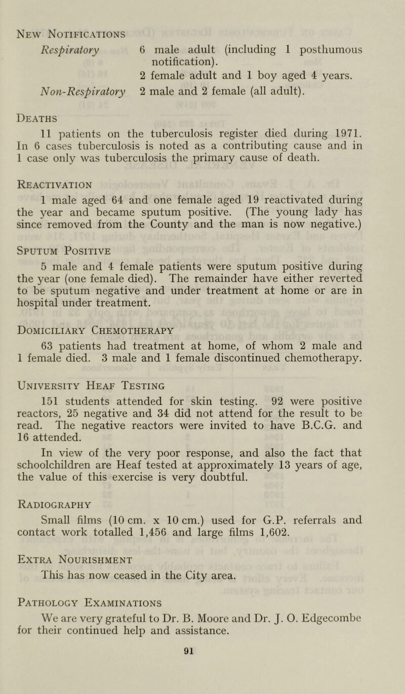 New Notifications Respiratory 6 male adult (including 1 posthumous notification). 2 female adult and 1 boy aged 4 years. Non-Respiratory 2 male and 2 female (all adult). Deaths 11 patients on the tuberculosis register died during 1971. In 6 cases tuberculosis is noted as a contributing cause and in 1 case only was tuberculosis the primary cause of death. Reactivation 1 male aged 64 and one female aged 19 reactivated during the year and became sputum positive. (The young lady has since removed from the County and the man is now negative.) Sputum Positive 5 male and 4 female patients were sputum positive during the year (one female died). The remainder have either reverted to be sputum negative and under treatment at home or are in hospital under treatment. Domiciliary Chemotherapy 63 patients had treatment at home, of whom 2 male and 1 female died. 3 male and 1 female discontinued chemotherapy. University Heaf Testing 151 students attended for skin testing. 92 were positive reactors, 25 negative and 34 did not attend for the result to be read. The negative reactors were invited to have B.C.G. and 16 attended. In view of the very poor response, and also the fact that schoolchildren are Heaf tested at approximately 13 years of age, the value of this exercise is very doubtful. Radiography Small films (10 cm. x 10 cm.) used for G.P. referrals and contact work totalled 1,456 and large films 1,602. Extra Nourishment This has now ceased in the City area. Pathology Examinations We are very grateful to Dr. B. Moore and Dr. J. O. Edgecombe for their continued help and assistance.