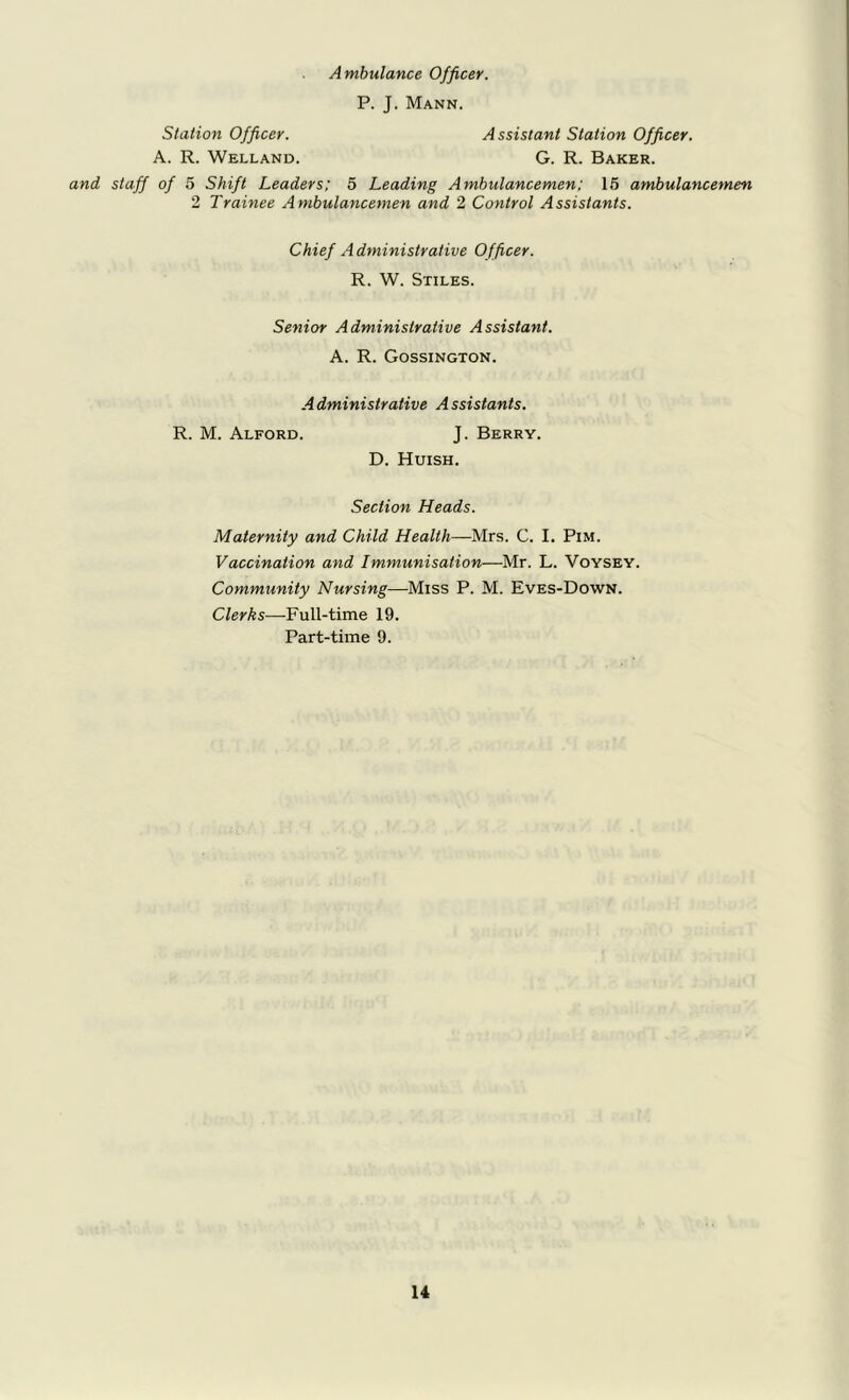 Ambulance Officer. P. J. Mann. Station Officer. A. R. Welland. and. staff of 5 Shift Leaders; 5 Leading Ambulancemen: 15 ambulancemen 2 Trainee Ambulancemen and 2 Control Assistants. Chief Administrative Officer. R. W. Stiles. Senior Administrative Assistant. A. R. Gossington. A dministralive A ssistants. R. M. Alford. J. Berry. D. Huish. Section Heads. Maternity and Child Health—Mrs. C. I. Pim. Vaccination and Immunisation-—Mr. L. Voysey. Community Nursing—Miss P. M. Eves-Down. Clerks—Full-time 19. Part-time 9. Assistant Station Officer. G. R. Baker.