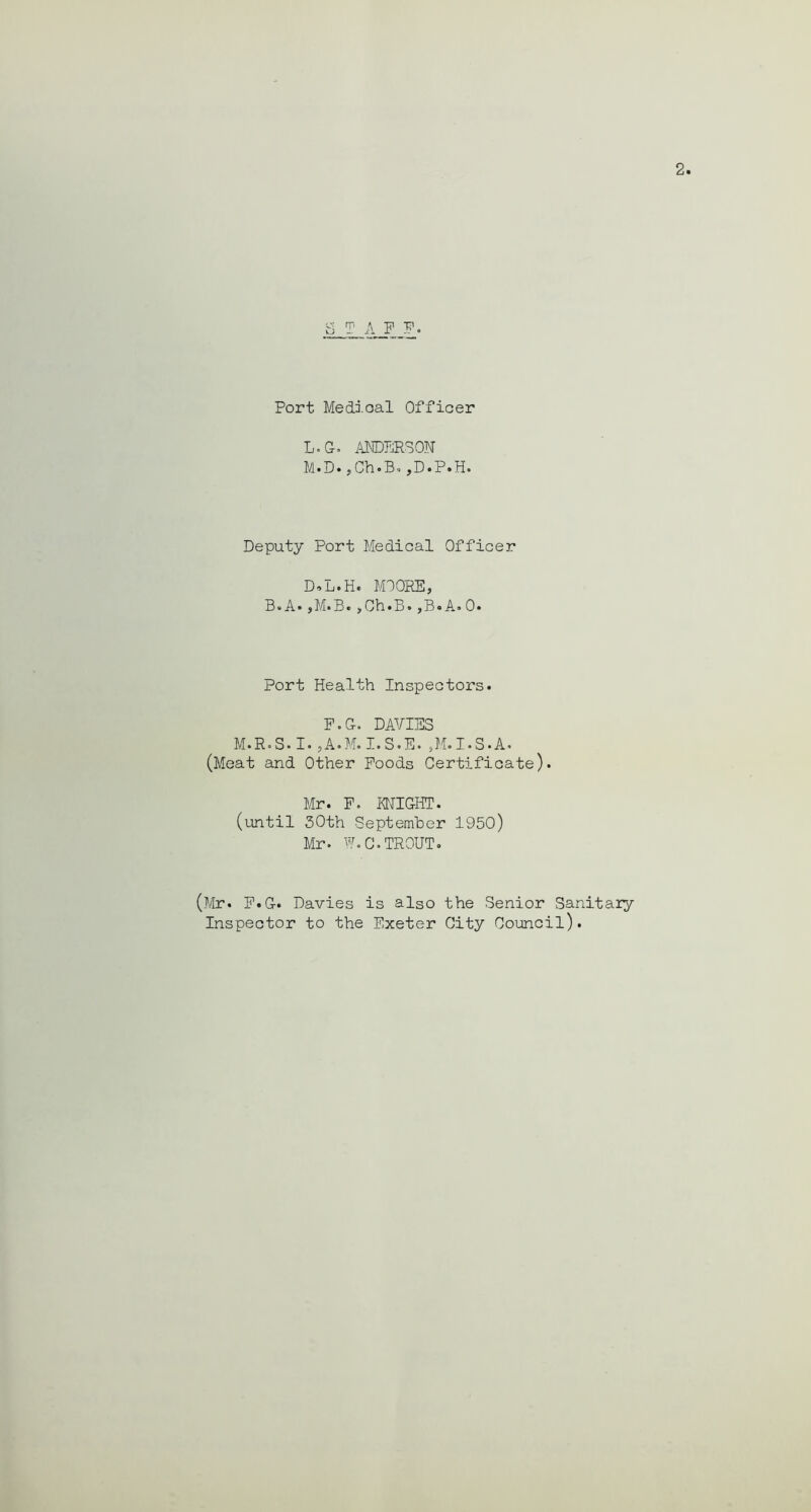 2 B T A F F. Port Medioal Officer L. a. AMDPRSON M. D. jCh.B-. ,D»P»H. Deputy Port Medical Officer D.L.H. MOORE, B»A» ,M«Bc ,Ch»B» ,B<>A»0» Port Health Inspectors. F.G. DAVIES M.R.S.I.,A.M.I.S.E.,M.I.S.A. (Meat and Other Foods Certificate). Mr. F. MIGHT. (until 30th September 1950) Mr. W.C.TROUT. (Mr. F.G. Davies is also the Senior Sanitary Inspector to the Exeter City Council).