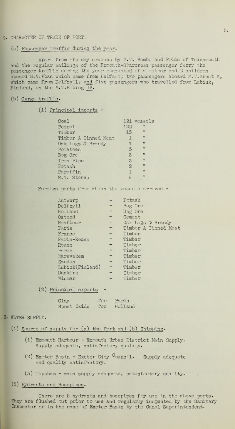 (a) Passenger traffic during the year. Apart from the day cruises by M.V. Bambo and Pride of Teignmouth and the regular sailings of the Fxmouth-Starcross passenger ferr/ the passenger traffic during the year consisted of a mother and 2 children aboard M.V.Eban which came from Belfast; two passengers aboard M.V.Arent M, which came from Delfzyll; and five passengers who travelled from Lubiok, Finland, on the M.V.Elbing fv. (b) Cargo traffic. (1) Principal imports - Coal Petrol Timber Timber d Tinned Meat Oak Logs & Brandy Potatoes Bog Ore Iron Pipe Potash Paraffin R.N* Stores 121 vessels 122 ” 15  1  1 ” 5  3 3 ” 2  1  8  Foreign ports from which the vessels arrived - Antwerp - Potash Delfzyll - Bog Ore Holland - Bog Ore Ostend -■ Cement Honfleur - Oak Logs d Brandy Paris - Timber d Tinned Meat Prance - Timber Paris-Rouen - Timber Rouen - Timber Paris - Timber ]'fersvekem - Timber Sweden - Timber Lubick(Finland) - Timber Dunkirk - Timber I'Vismar - Timber (2) Principal exports - Clay for Paris Spent Oxide for Holland 3. WATER SUPPLY. (1) Source of supply for (a) the Port and (b) Shipping. (1) Exmouth Harbour - Exmouth Urban District Main Supply. Supply adequate, satisfactory quality. (2) Exeter Bas in - Exeter City *^ouncil. Supply adequate and quality satisfactory. (3) Topsham - main supply adequate, satisfactory quality. (2) Hydrants and Hosepipes. There are 5 hydrants and hosepipes for use in the above ports. They are flushed out prior to use and regularly inspected by the Sanitary- Inspector or in the case of Exeter Basin by the Canal Superintendent.