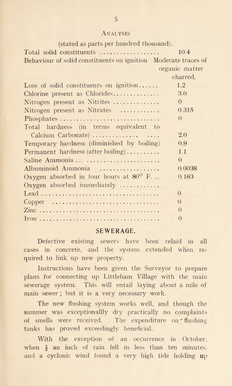 Analysis (stated as parts per hundred thousand). Total solid constituents 10.4 Behaviour of solid constituents on ignition Moderate traces of organic matter charred. Loss, of solid constituents on ignition 1.2 Chlorine present as Chlorides 3.0 Nitrogen present as Nitrites 0 Nitrogen present as Nitrates 0.315 Phosphates 0 Total hardness (in terms equivalent to Calcium Carbonate) 2.0 Temporary hardness (diminished by boiling) 0.9 Permanent hardness (after boiling) 1.1 Saline Ammonia 0 Albuminoid Ammonia 0.0038 Oxygen absorbed in four hours at 80*^ F. ... 0.163 Oxygen absorbed immediately Lead 0 Copper 0 Zinc 0 Iron 0 SEWERAGE. Defective existing sewers have been relaid in all cases in concrete, and the system extended when re- quired to link up new property. Instructions have been given the Surveyor to prepare plans for connecting up Littleham Village with the main sewerage system. This will entail laying about a mile of main sewer ; but it is a very necessary work. The new flushing system works well, and though the summer was exceptionallly dry practically no complaints of smells were received. The expenditure on 'flushing tanks has proved exceedingly beneficial. With the exception of an occurrence in October, when J an inch of rain fell in less than ten minutes, and a cyclonic wind found a very high tide holding up