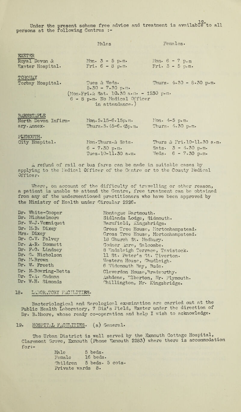Under the present scheme free advice and treatment is available*to all persons at the following Centres Ifeles Females* FJCETFR Royal Devon & Mon. 3 - 5 p.m* Hon. 6 “ 7 p. m Exeter Hospital. Fri. 6 - 8 p.m. Fri. 3 - 5 p.m* TORQUAY Torbay Hospital* Tues & Weds. Thurs. 4.30 - 8.30 p.m. 5*30 - 7.30 p.m* (Hon.Fri.d: Cat. 10*50 a-n* - 1230 p*m. 6 - 8 p*m. No Ifedical Officer in attendance*) b;>rnst;jlf North Devon Infirm- Hon*5*15-6*15p.m. ary. iUinex* Thurs * 3.45-6.45p• m* PLYT.IOUTH* City Hospital. Hon.Thurs.A Sats. 6 - 7*30 p*m. Tues. 10-11.30 a.rn* Hon. 4-5 p.m. Thurs. 4.30 p.m. Thurs d: Fri. 10-11.30 a.m. Sats. 3 - 4*.30 p.m. 'Veds. 6 - 7.30 p.m* refund of rail or bus fares can be made in suitable cases by applying to the I'edical Officer of the Cf ntre or to the County Hedical Officer. \Ih.ere, on account of the difficulty of travelling or other reason, a patient is unable to attend the Centre, free treatment can be obtained from any of the undermentioned practitioners who have been approved by the Ministry of Health under Circular 2226* Dr* White-Cooper Dr* Michaelmore Dr* V/*J.Veicniquet Dr* M*B* Dixey Mrs. Dixey Dr* C.V. Falvey Dr. A*R* Dommett Dr. P.O. Lindsey Dr. O. Nicholson Dr* H.Bro'wn Dr. W. Freeth Dr* N. Bowring-Betts Dr. T*A* Cadman Dr* W.H. Simonds Montague Dartmouth* Sidlands Lodge, Sidmouth* Barnfield, Kingsbridge* Cross Tree House, Hortonhampstead. Cross Tree House, Hortonhampstead* 18 Church St. Modbui^/’. Codner Icre, Salcombe. 8 Nndsleigh Terrace, Tavistock. 11 St. Peter's St. Tiverton* Western House, Chudleigh. 6 Widemouth Bay, Bude. Cleverdon Hous e,Bradworthy * iVshdene, Nlberton, Nr* Plymouth* Chillington, Nr* Kingsbridge. 18. L;d30R..T0RI FACTLITIRS* Bacteriological and Serological examination are carried out at the Public Health Laboratory, 7 Dix's Field, Fxeter under the direction of Dr* B.Moore, whose read3'’ co-operation and help I wish to acknowledge* 19. HOSPIT.J. F.'.CnMTIES* (a) Ceneral. The Urban District is well served by the Fxmouth Cottage Hospital, Claremont Drove, Exmouth (Phone Exmouth 2283) where there is accommodation for :- Male 5 beds* Female 16 beds. Children 5 beds* 5 cots* Private wards 8*
