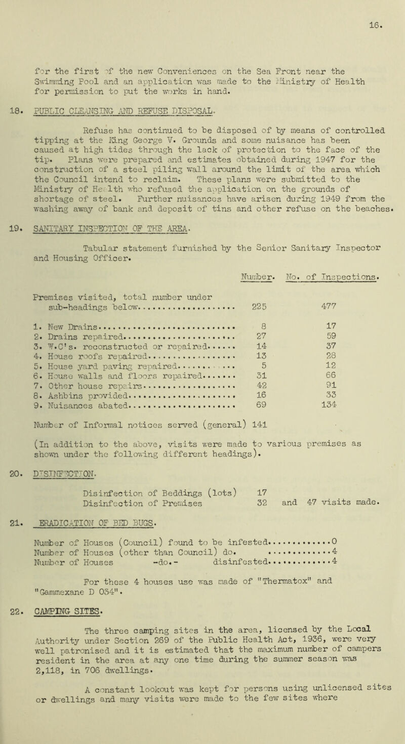 16. for the first '^f the new Conveniences on the Sea Front near the Swimming Pool and an application was made to the i'iinistry of Health for permission to put the works in hand. 18. PUBLIC CHS^J^SING MD REFUSE DISPOSAL. Refuse has continued to be disposed of by means of controlled tipping at the ICLng George V. Grounds and some nuisance has been caused at high tides through the lack of protection to the face of the tip. Plans were prepared and estimates obtained during 1947 for the construction of a steel piling wall around the limit of the area which the Council intend to reclaim. These plans were submitted to the Mnistry of Health who refused the application on the grounds of shortage of steel. Further nuisances have arisen during 1949 from the washing away of bank and deposit of tins and other refuse on the beaches. 19. SANITARY IMSPECTIOH OF THP. AREA. Tabular statement furnished by the Senior Sanitary Inspector and Housing Officer. Number. No. of Inspections. Premises visited, total number under sub-headings below 225 477 1. New Drains 8 17 2. Drains repaired..... 27 59 3. -V.C’s. reconstructed or repaired 14 37 4. House roofs repair'ed 13 28 5. House yard paving repaired ... 5 12 6. House walls and floors repaired 31 66 7. Other house repa.irs 42 91 8. Ashbins provided 16 33 9. Nuisances abated 69 134 Number of Informal notices served (general) 141 (in addition to the above, visits were made to various premises as shown under the following d.ifferent headings). 20. DISINFCCTJON. Disinfection of Beddings (lots) 17 Disinfection of Premises 32 and 47 visits made. 21. ERADICATION OF BED BUG-S. Nurriber of Houses (Council) found to be infested 0 Number of Houses (other than Council) do. 4 Number of Houses -do.- disinfested ..4 For these 4 houses use was made of Thermatox and ” Gammexane D 054” . 22. CAMPING SITES. The three camping sites in the area, licensed by the Local Authority under Section 269 of the Public Health Act, 1936, were veiy well patronised and it is estimated that the maximum number of campers resident in the area at any one time during the summer season was 2,118, in 706 dwellings* A constant lookout was kept for persons using unlicensed sites or dwellings and many visits were made to the few sites where