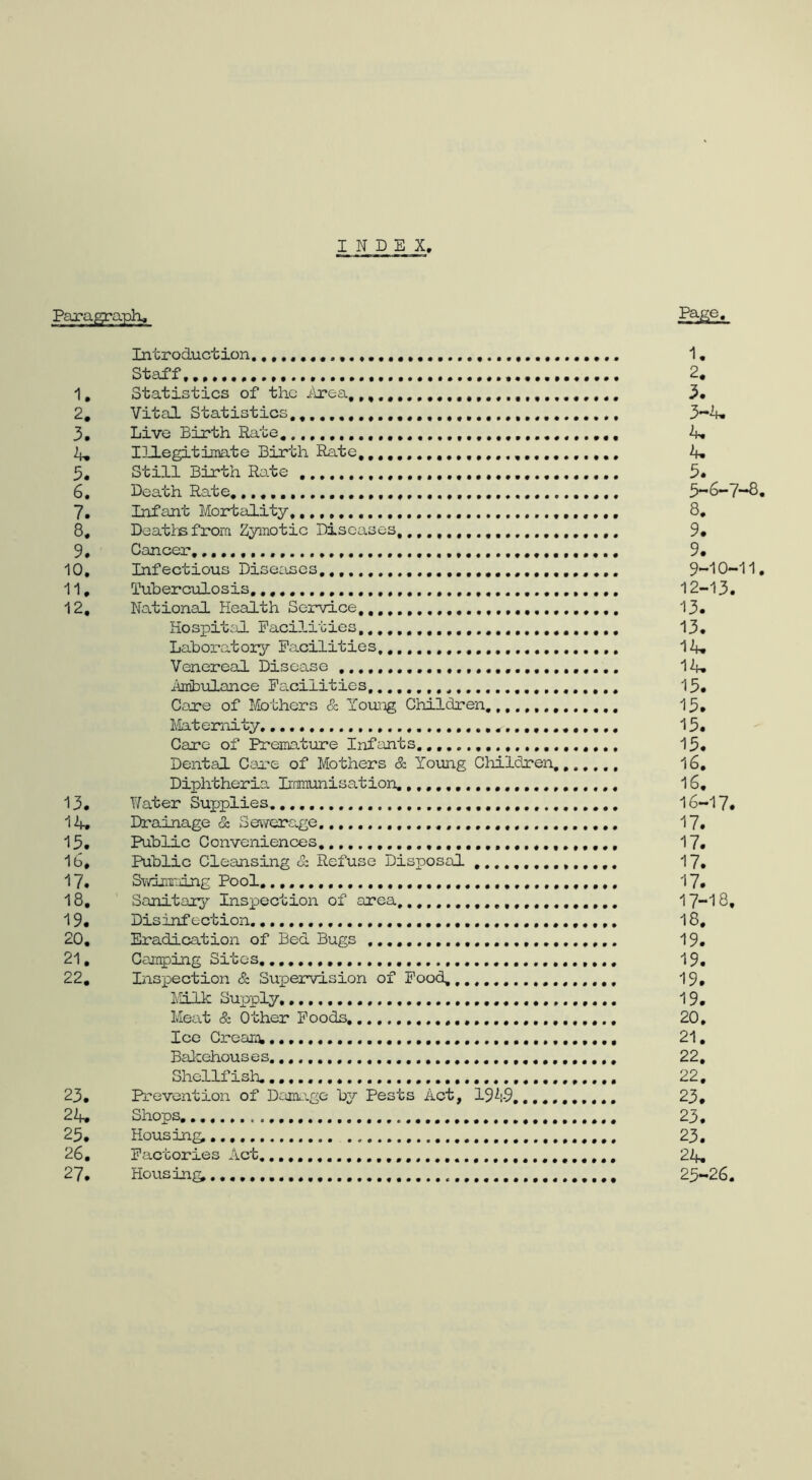 INDEX, Paragraph^ Po-gs* Introduction, 1. Staff 2. 1, Statistics of the hrea, 3. 2, Vital Statistics, 3^4- 3, Live Birth Rate 4. 4, Illegitimate Birth ;^te, 4. 5, Still Birth Rate 3. 6, Death Rate, 5*6-7~S. 7, Infant Mortality, 8. 8, Deaths from Zymotic Diseases 9* 9, Cancer,,,,,,,.,, 9. 10, Infectious Diseases,,,,, 9~'10-11, 11, Tuberculosis ,...., 12-13. 12, National Health Service 13. Hospital Facilities,.,,,,, ,,, 13. Laboratory Facilities, 1^ Venereal Disease 14, ^hribiolance Facilities,,,,,,, '13* Care of Mothers &. Young Children 15. Maternity 13. Care of Prematiire Infants 15. Dental Care of Mothers & Young Children, 16, Diphtheria Immunisation, 16, 13, Water Supplies. 16-17. 14, Drainage &. Sewerage 17. 15, Public Conveniences,,,, 17. 16, Public Cleansing & Refuse Disposal 17, 17, S;vimi:ang Pool 17. 18, Sanitary Insiaection of area, ,,, 17-18, 19, Disinfection 18, 20, Eradication of Bed Bugs .,, 19, 21, Camping Sites 19, 22, Inspection & Supeiavision of Food, 19, Milk Supply 19. Meal & Other Foods 20. Ice Cream,,,,,,, 21, Balcehouses ,,,, 22, Shellfish. 22, 23, Prevention of Daimigc by Pests Act, 1949 23, 22f, Shops 23, 25, Housing,,,,, 23, 26, Fcactories Act ,,, ,,, 24, 27, Housing, 25-26.