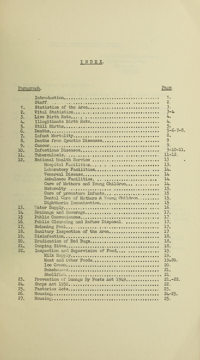 INDEX. Paragraph. Page Introduction 1. Staff. ..... 2. 1. Statistics of the Area. 3 ^ 2. Vital Statistics..,. 3-4 3. Live Birth Rate 4. 4. Illegitimate Birth Rate 4. 5. Still Births 5; 6. Deaths 5“6-7“8. 7. Infant Mortality..... 8. 8. Deaths from Zymotic Diseases 9 9. Cancer. 9* 10. Infectious Diseases 9-10-11, 11. Tuberculosis. 11-12. 12. National Health Service 13 Hospital Facilities....... 13. Laboratory Facilities 14. Venereal Disease 14 Ambulance Facilities. 14. Care of Mothers and Young Children 14. Maternity 15. Care of premature Infants.. 15 Dental Caro of Mothers & Young Children........ 15. Diphtheria Immiinivsation. 15 13. V/ater Supply 16. 14 Drainage and Sewerage. 17. 15 Public Conveniences 17. 16. Public Cleansing and Refuse Disposal. 17. 17. Swimming Pool. 17. 18. Sanitary Inspection of the Area 17 19. Disinfection 18. 20. Eradication of Bed Bugs 18. 21. Canping Sites. 18. 22. Inspection and Supervision of Pood 19. Milk Supply 19. Meat and Other Poods 19t20. Ice Cream. 20. Bakehouses 21. Shellfish. 21. 23. Prevention of Damage By Pests Act 1949...... 21.-22. 24. Shops Act 1950.. 22. 25. Factories Acts... 23. 26. Housing 24-25. 27. Housing 25,