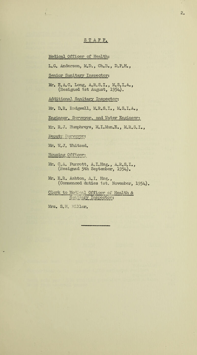 STAFF Medical Officer of Health; L,G, Anderson, M.D.,, Ch»B,, D.P.H., Senior Sanitary Inspector; Mr. E.A, C, Long, A.R.S.I,, M.S.I.A,, (Resigned 1st August, 1954-). Additional!. Sanitary Inspector; Mr, D.R. Redgwell, M,R,S.I,, M.S.I.A,, Engineer, Surveyor, and Y/ater Engineer; Mr, R,J. Humphreys, M.I,Mun,E,, M.R,S.I,, Deputy Mr, ViT.J. Whits ed. Housing ^0;r:^cer3 Mr. C*A. Pur-rott, A.I.Hsg,, A.R.S.I., (Resigned 5th September, 1954). Mr. E.R. Ashton, A, I. Hsg,, (Commenced duties 1st. November, 1954). Clerk to Modi cal Officer of Health & Sanii.&ry Inspector; Mrs. S.H. M:.ller,