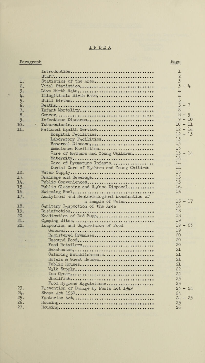 INDEX Paragraph Page Introduction 1 Staff 2 1. Statistics of the id*ea» 3 2. Vital Statistics 3-4 3. Live Birth Rate 4 4. Illegitimate Birth Rate 4 5. Still Births 5 6. Deaths 3 “ 7 7. Infant Mortality 8 8. Cancer 8- 9 9. Infectious Diseases 9-10 10. Tuberculosis 10 - 11 11. National Health Service. 12-14 Hospital Facilities 12-13 Laboratoiy Facilities 13 Venereal Disease. 13 Ambulance Facilities 13 Care of Mothers and Young Children......... 13-14 Maternity. 14 Care of Premature Infants, 14 Dental Care of Mothers and Young Children 14 12. V/ater Supply 13 13. Drainage and Sewerage..- 13 14. Public Conveniences. 13 13. Public Cleansing and Rgfuse Disposal I6. 16. SYd.rnming Pool 16 17. Analytical and Bacteriological Examination of a sample of V/ater 16-17 18. Sanitary Inspection of the iirea 18 19. Disinfection 18 20 Eradication of Bed Bugs 18 21. Camping Sites 19 22. Inspection and Supervision of Pood 19 - 23 General 19 Registered Premises 20 Unsound Food 20 Food Retailers 20 Bakehouses 21 Catering Establishments 21 Hotels & Guest Houses. 21 Public Houses 21 Milk Supply 22 Ice Cream 22 Shellfish 23 Food Hygiene Regulations 23 23. Prevention of Damage By Pests Act 1949 23 - 24 24. Shops Act 1930 24 23. Factories Act 24 - 23 26. Housing 23 27. Housing 26