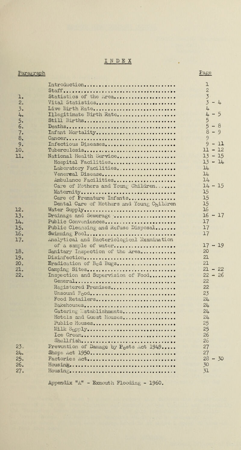 INDEX Para^;raph Pa^;e Introduction 1 Staff 2 1. Statistics of the ;nrea, 3 2. Vital Statistics,,., 3-4 3. Live Birth Rate 4 4. Illegitimate Birth Rate 4“5 5. Still Births 5 6. Deaths 5 - 8 7. Infant Mortality 8-9 8. Cancer 9 9. Infectious Diseases 9“H 10. Tuberculosis 11-12 11. National Health Service 13-15 Hospital Facilities 13-14 Laboratory Facilities 14 Venereal Disease 14 Ambulance Facilities. 14 Care of Mothers and Young Children. 14 - 15 Maternity 15 Care of Premature Infants........... 15 Dental Care of Mothers and Young Children 15 12. V/ater Supply 16 13. Drainage and Sev/erage 16-17 14. Public Conveniences 17 15. Public Cleaiising and Refuse Disposal 17 16. Swimming Pool, 17 17. iinal^^tical and Bacteriological Exarr±aation of a sam,ple of water 17-19 18. Sanitary Inspection of the iirea 20 19. Disinfection 21 20. Eradication of Bed Bugs, 21 21. Camping Sites, 21 - 22 22. Inspection and Supervision of Pood 22-26 General 22 Registered Premises 22 Unsound Food 23 Food Retailers 24 Bakehouses 24 Catering Establishments ...» 24 Hotels and Guest Houses,. 24 Public Houses 25 Milk Supply 25 Ice Cream, 26 Shellfish 26 23. Prevention of Damage by Pests .xct 1949 27 24. Shops act 1950 27 25. Factories ii-ct 28-30 26. Housing 3C 27. Housing 31 Appendix A - Exmouth Flooding - I960.