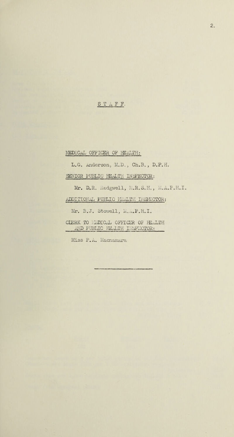 S T A F F, FIEDICjJL OFPIGEIR of HEi-iTH: L.G-. iinderson, M.D^, Ch.B. , D.P.H. SE^flOR PUBLIC HExiLTH LYBPEGTOR; Mr. D.R. ^Lt-dgwell, I-.R.S.H,, ivI.A.P.H.I. jJODITIOIIxJ:. public HdxXTIi li-idFEGTOR; Mr. B.J, Stovrell, Ivi.xi..P.H.I. CIERK TO xLDICxL OFITCLR OF HExiTH MD PUBLIC KExiTH IHLPLCTOR: Miss P. A. Macnamara