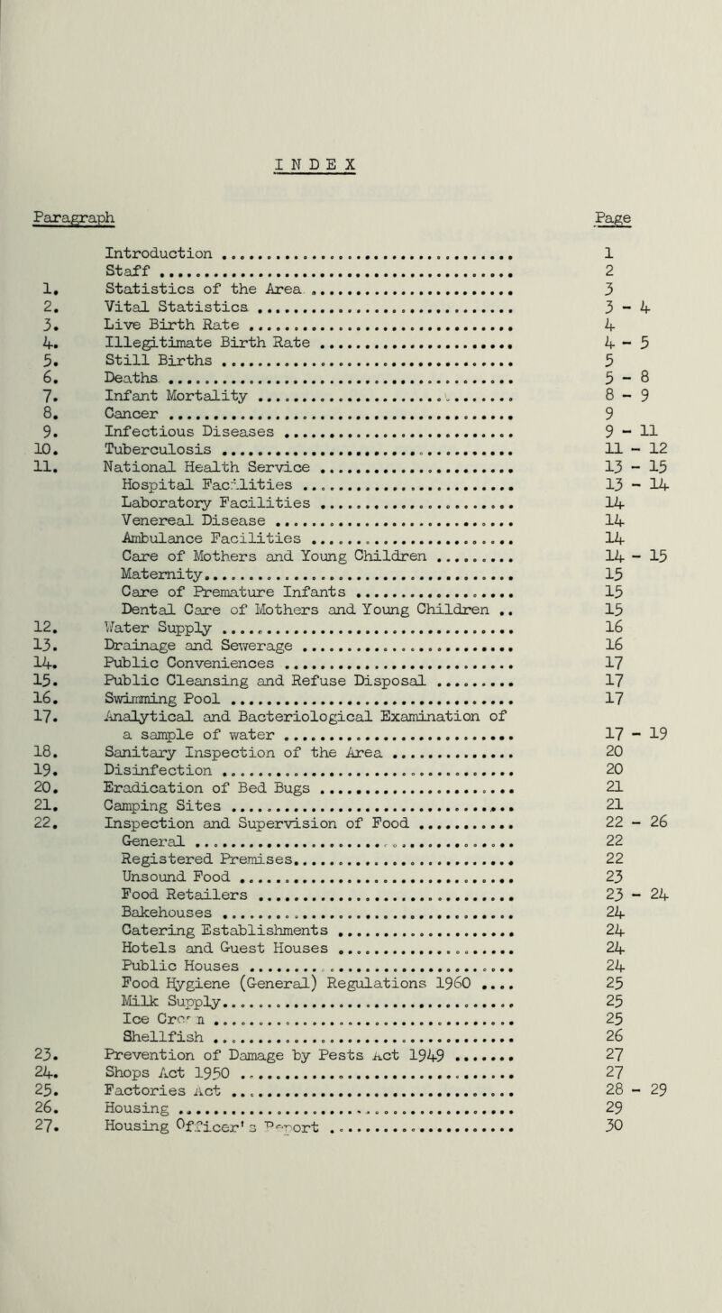 INDEX Paragraph Page Introduction 1 Staff 2 1. Statistics of the Area 3 2. Vital Statistics 3-4 3. Live Birth Rate 4 4. Illegitimate Birth Rate 4-3 3. Still Births 3 6. Deaths. . 3 - 8 7. Infant Mortality 8 - 9 8. Cancer 9 9. Infectious Diseases 9 - 11 10. Tuberculosis 11- 12 11. National Health Service 13-13 Hospital Facilities 13-14 Laboratory Facilities 14 Venereal Disease 14 Ambulance Facilities 14 Care of Mothers and Young Children 14-15 Maternity 13 Care of Premature Infants 15 Dental Care of Mothers and Young Children .. 15 12. Water Supply 16 13. Drainage and Sewerage 16 14. Public Conveniences 17 15. Public Cleansing and Refuse Disposal 17 16. Swimming Pool 17 17. Analytical and Bacteriological Examination of a sample of water 17-19 18. Sanitary Inspection of the Area 20 19. Disinfection 20 20. Eradication of Bed Bugs 21 21. Camping Sites 21 22. Inspection and Supervision of Food 22-26 General 22 Registered Premises 22 Unsound Food 23 Food Retailers 23 - 24 Bakehouses 24 Catering Establishments 24 Hotels and Guest Houses 24 Public Houses 24 Food Hygiene (General) Regulations I960 .... 23 Milk Supply 25 Ice Cro- n 25 Shellfish 26 23. Prevention of Damage by Pests Act 1949 27 24. Shops Act 1950 27 25. Factories Act 28- 29 26. Housing 29 27. Housing Officer' 3 ^port 30